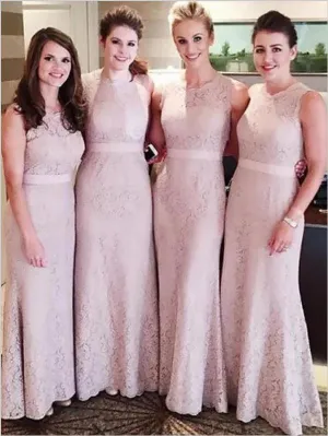 Column Lace Sleeveless Scoop Bridesmaid Dresses Floor Length