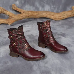 CrazycatZ Womens Ankle Boots Block Heel Leather Western Boots Colorful Leahter Boots Red
