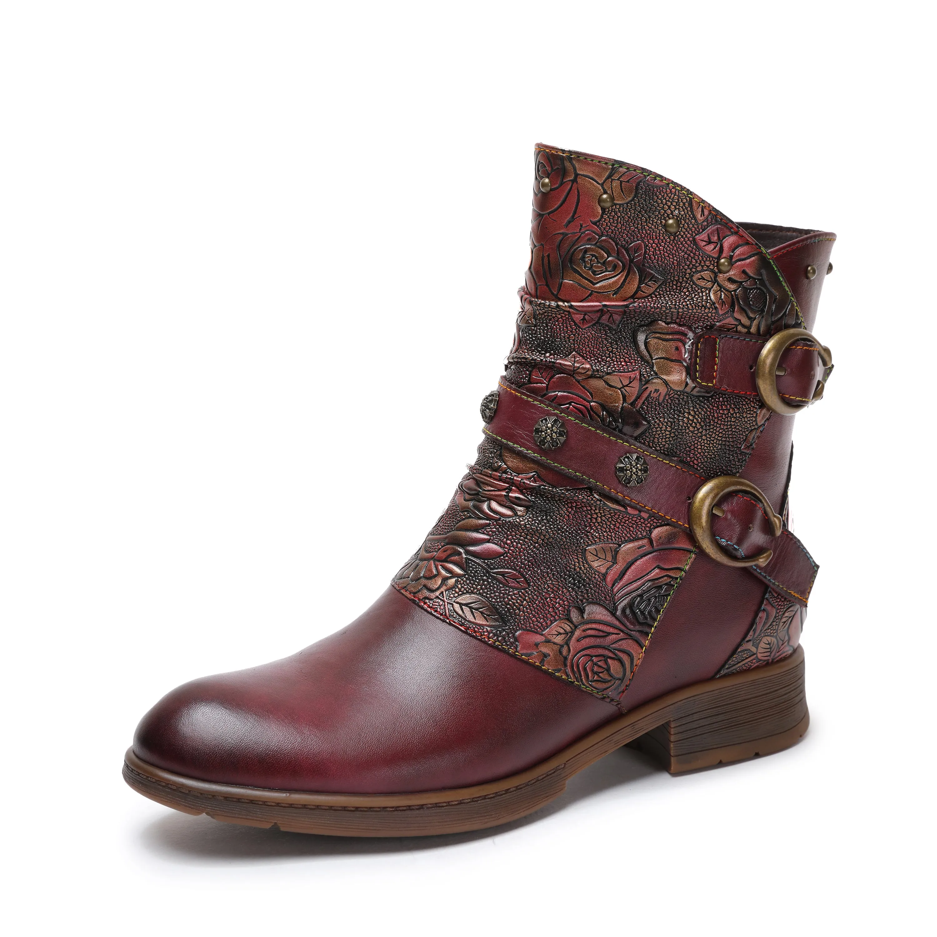 CrazycatZ Womens Ankle Boots Block Heel Leather Western Boots Colorful Leahter Boots Red