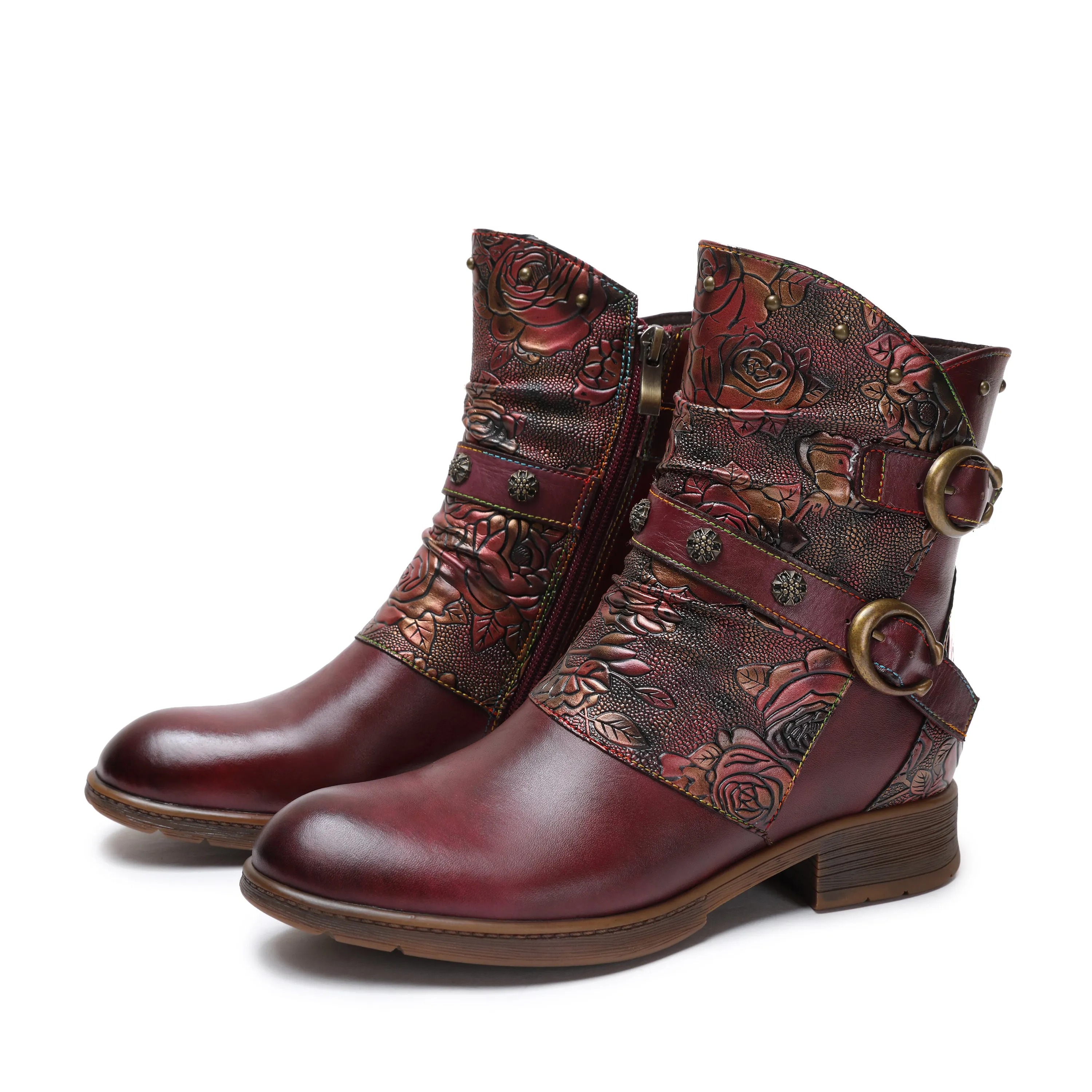 CrazycatZ Womens Ankle Boots Block Heel Leather Western Boots Colorful Leahter Boots Red