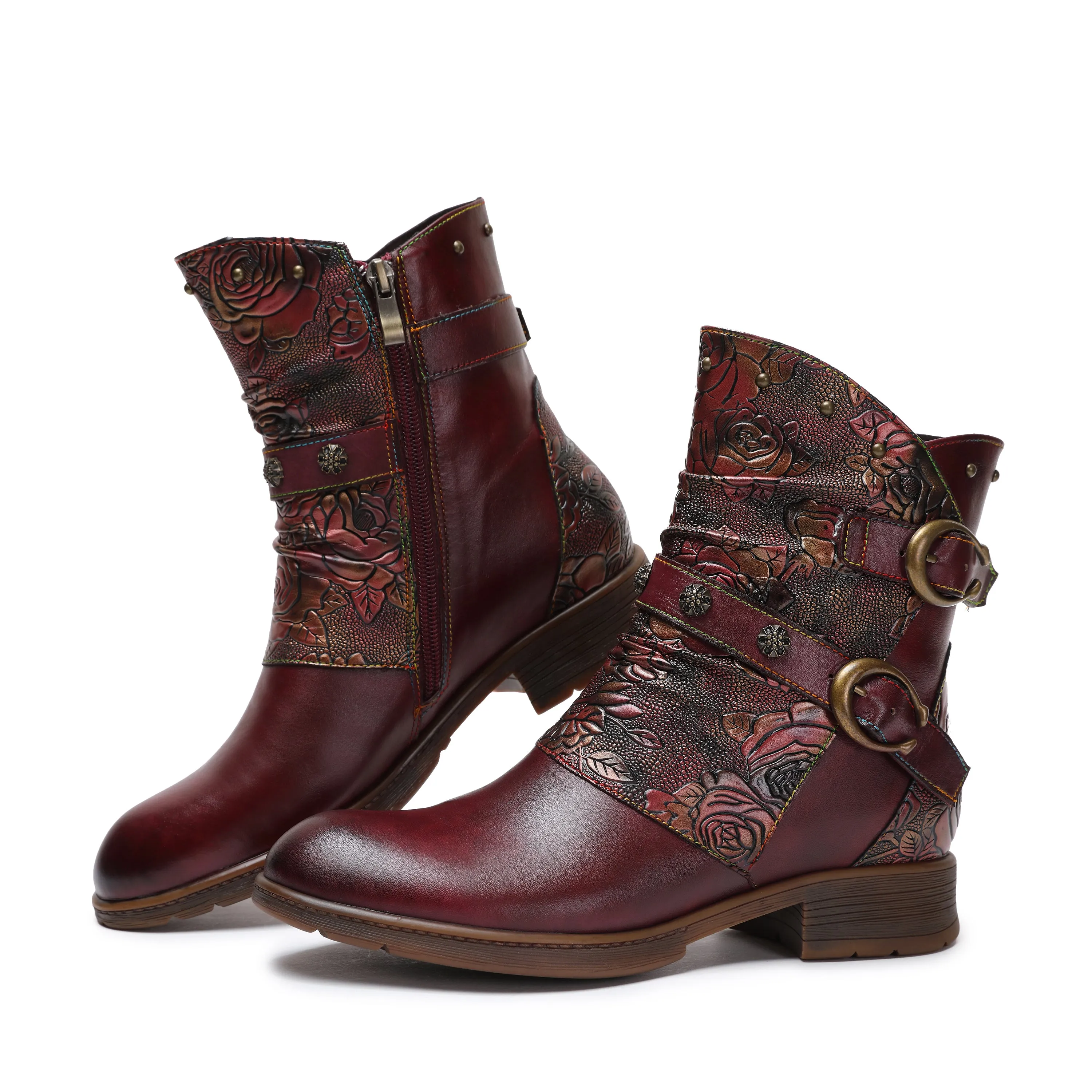 CrazycatZ Womens Ankle Boots Block Heel Leather Western Boots Colorful Leahter Boots Red