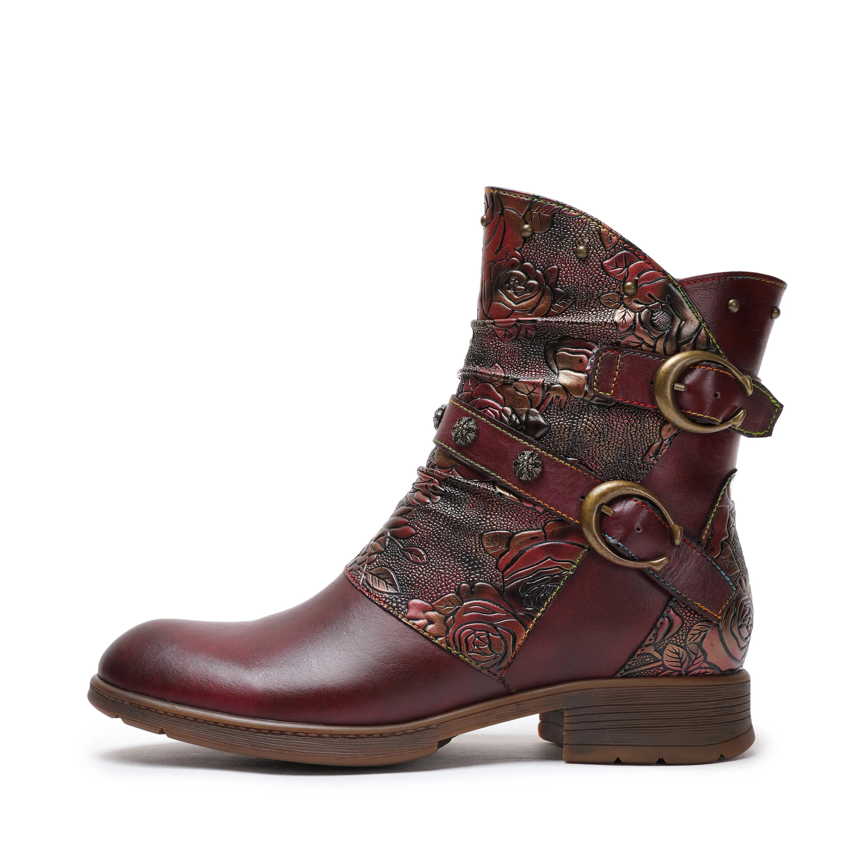 CrazycatZ Womens Ankle Boots Block Heel Leather Western Boots Colorful Leahter Boots Red