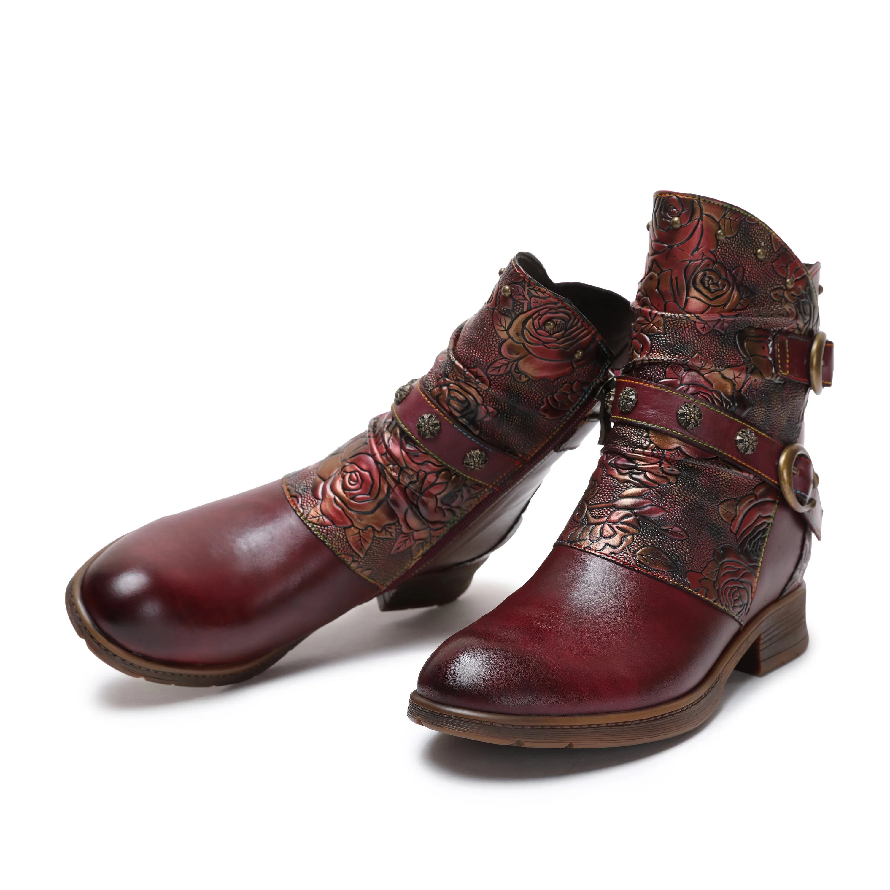 CrazycatZ Womens Ankle Boots Block Heel Leather Western Boots Colorful Leahter Boots Red