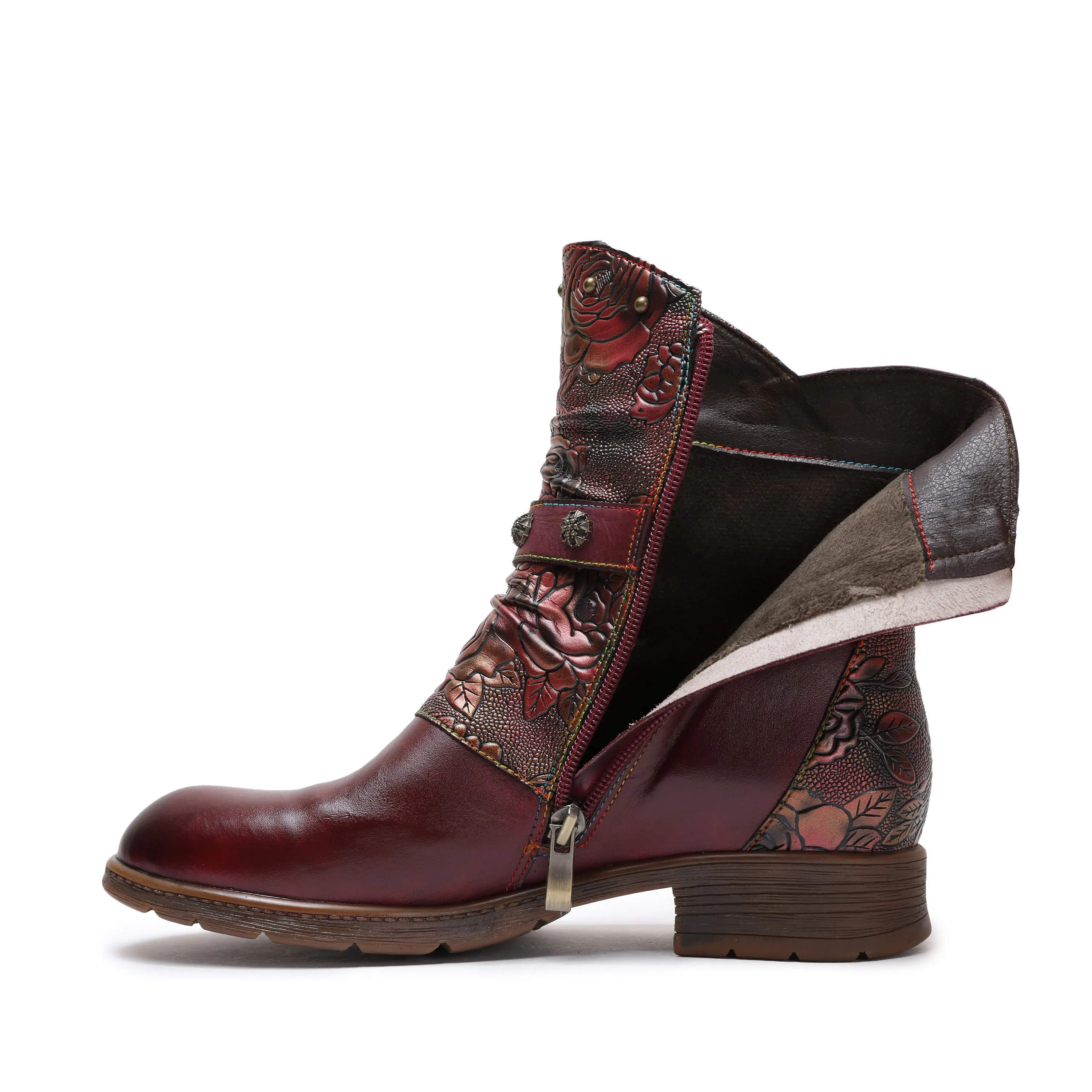 CrazycatZ Womens Ankle Boots Block Heel Leather Western Boots Colorful Leahter Boots Red