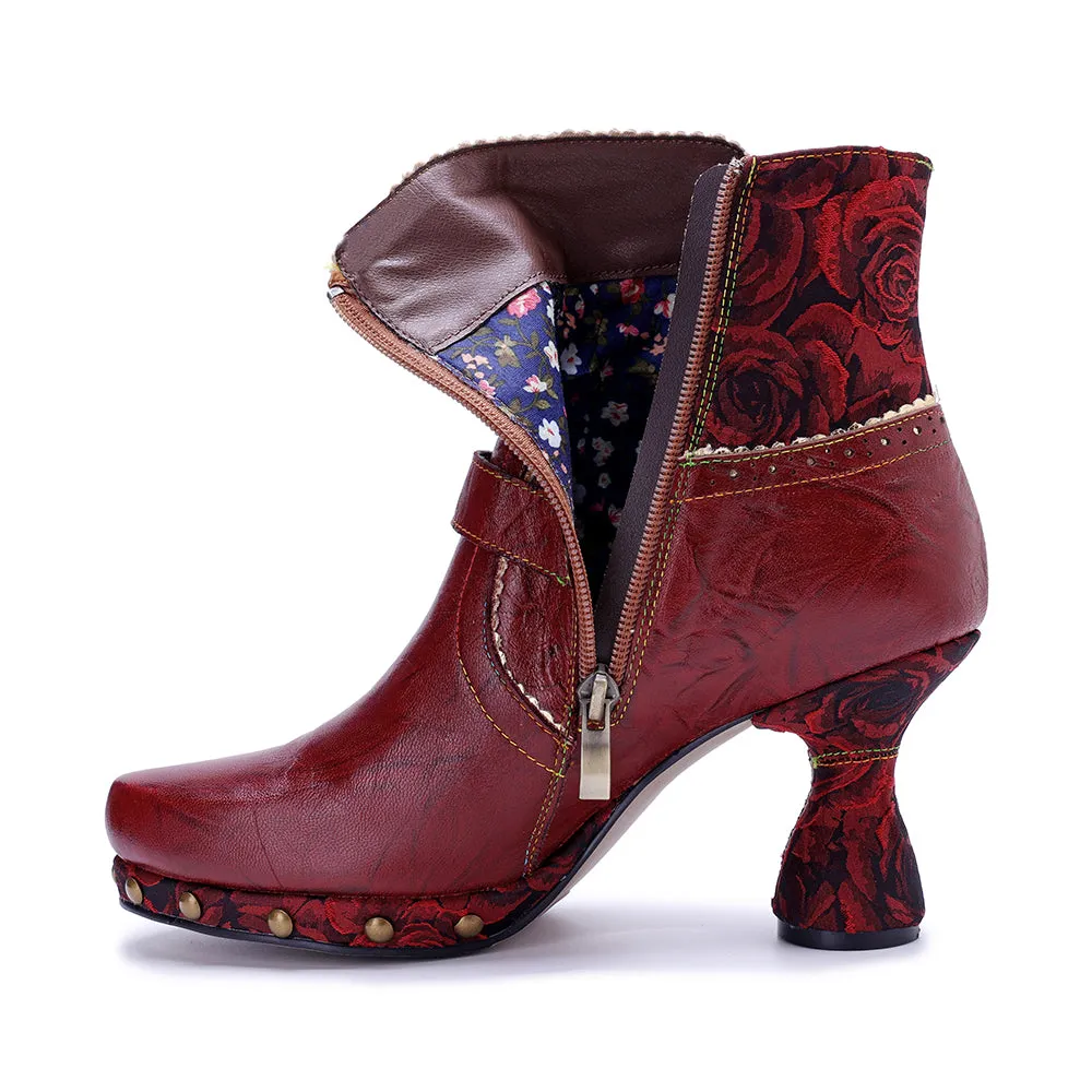 CrazycatZ Womens  Boots Bohemian Block Heel Leather Ankle Boots Colorful Leather Heeled Ankle Boots Red Wine