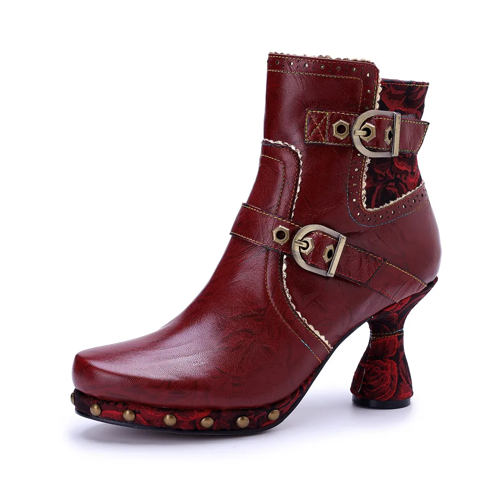 CrazycatZ Womens  Boots Bohemian Block Heel Leather Ankle Boots Colorful Leather Heeled Ankle Boots Red Wine