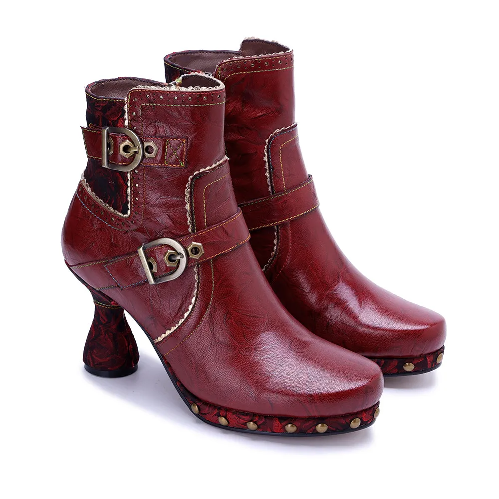 CrazycatZ Womens  Boots Bohemian Block Heel Leather Ankle Boots Colorful Leather Heeled Ankle Boots Red Wine