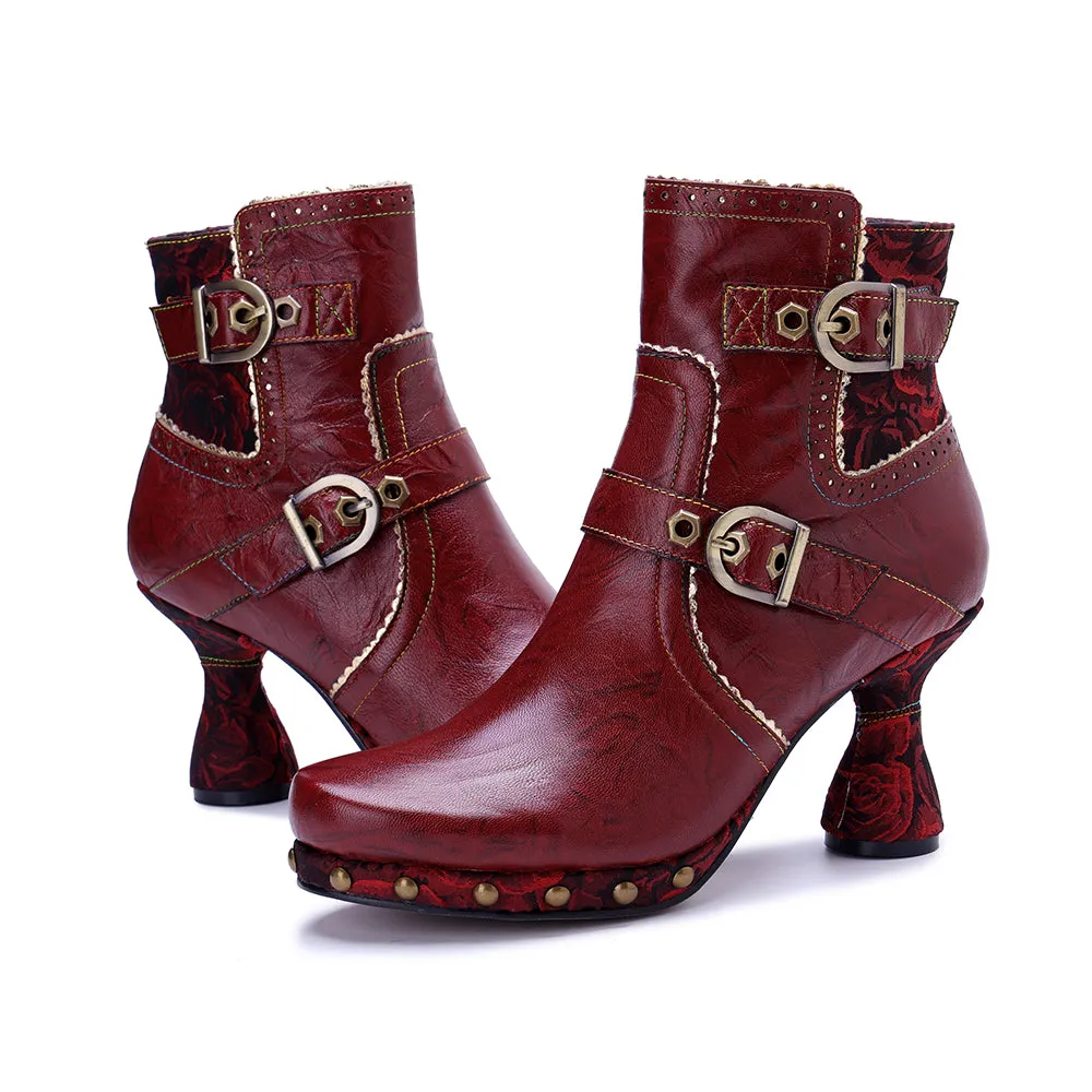 CrazycatZ Womens  Boots Bohemian Block Heel Leather Ankle Boots Colorful Leather Heeled Ankle Boots Red Wine
