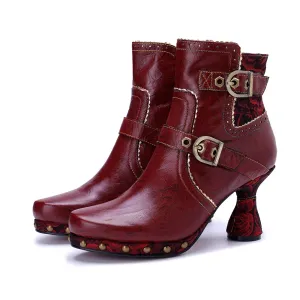 CrazycatZ Womens  Boots Bohemian Block Heel Leather Ankle Boots Colorful Leather Heeled Ankle Boots Red Wine