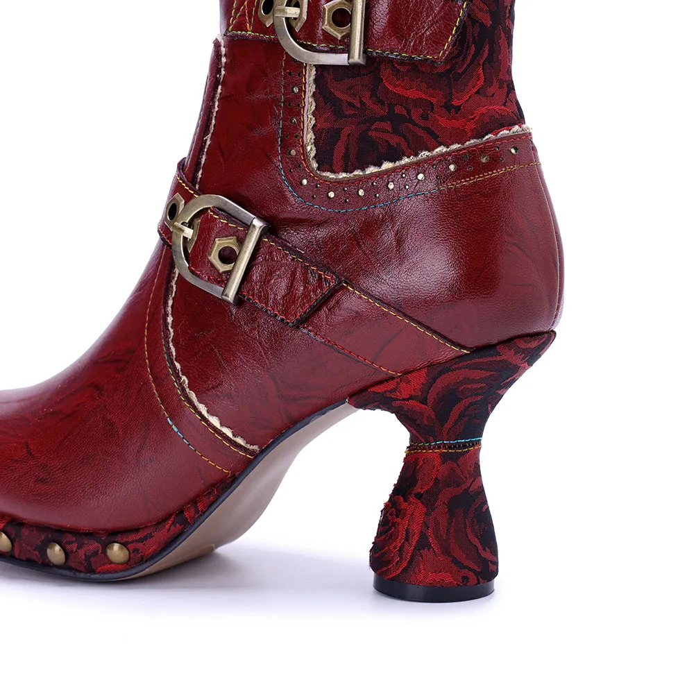 CrazycatZ Womens  Boots Bohemian Block Heel Leather Ankle Boots Colorful Leather Heeled Ankle Boots Red Wine