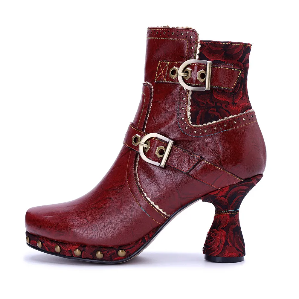 CrazycatZ Womens  Boots Bohemian Block Heel Leather Ankle Boots Colorful Leather Heeled Ankle Boots Red Wine
