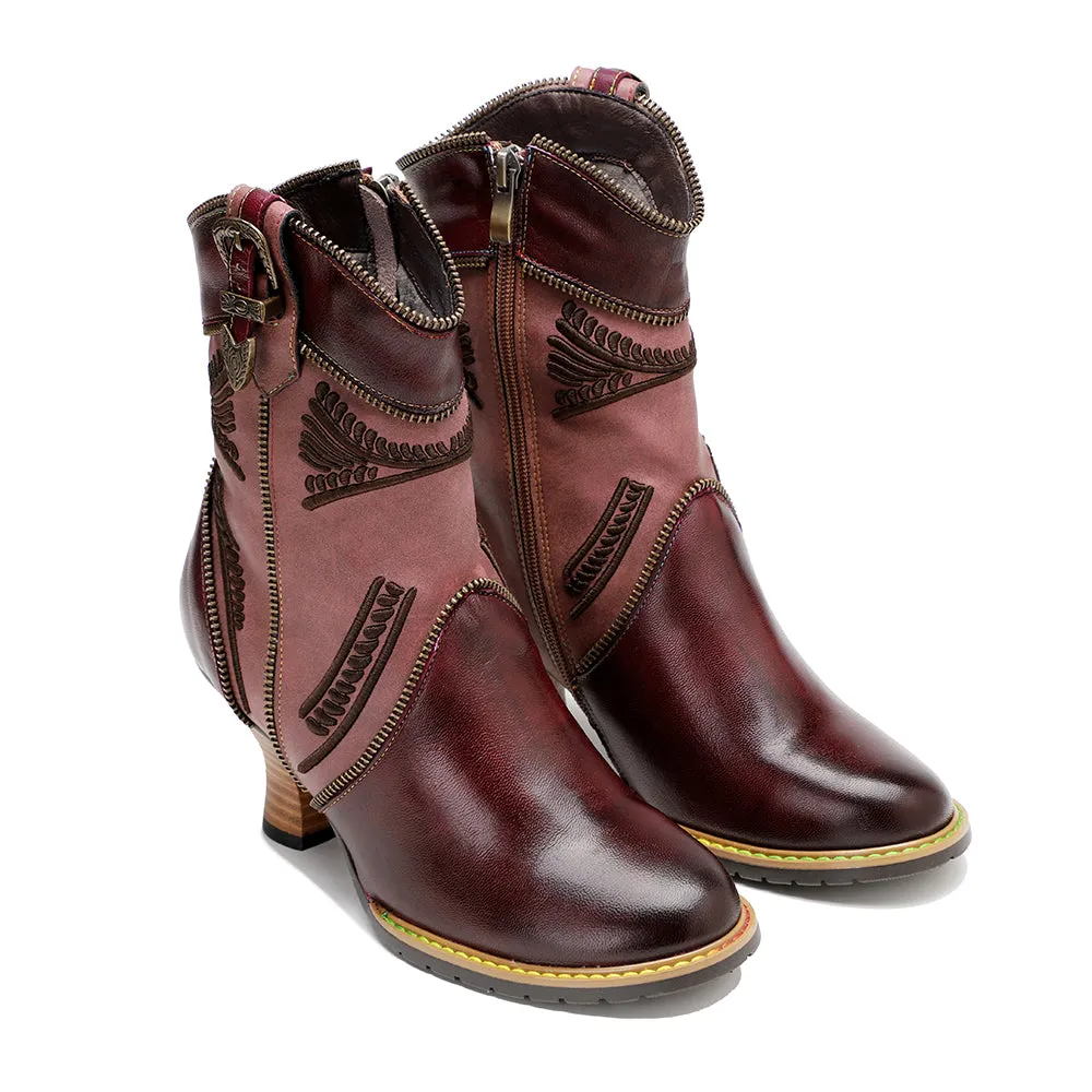 CrazycatZ Womens  Boots Bohemian Block Heel Leather Floral Boots Colorful Leather