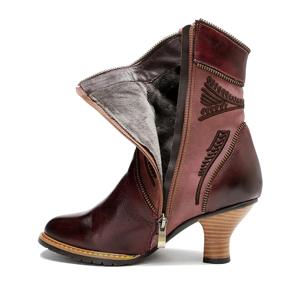 CrazycatZ Womens  Boots Bohemian Block Heel Leather Floral Boots Colorful Leather