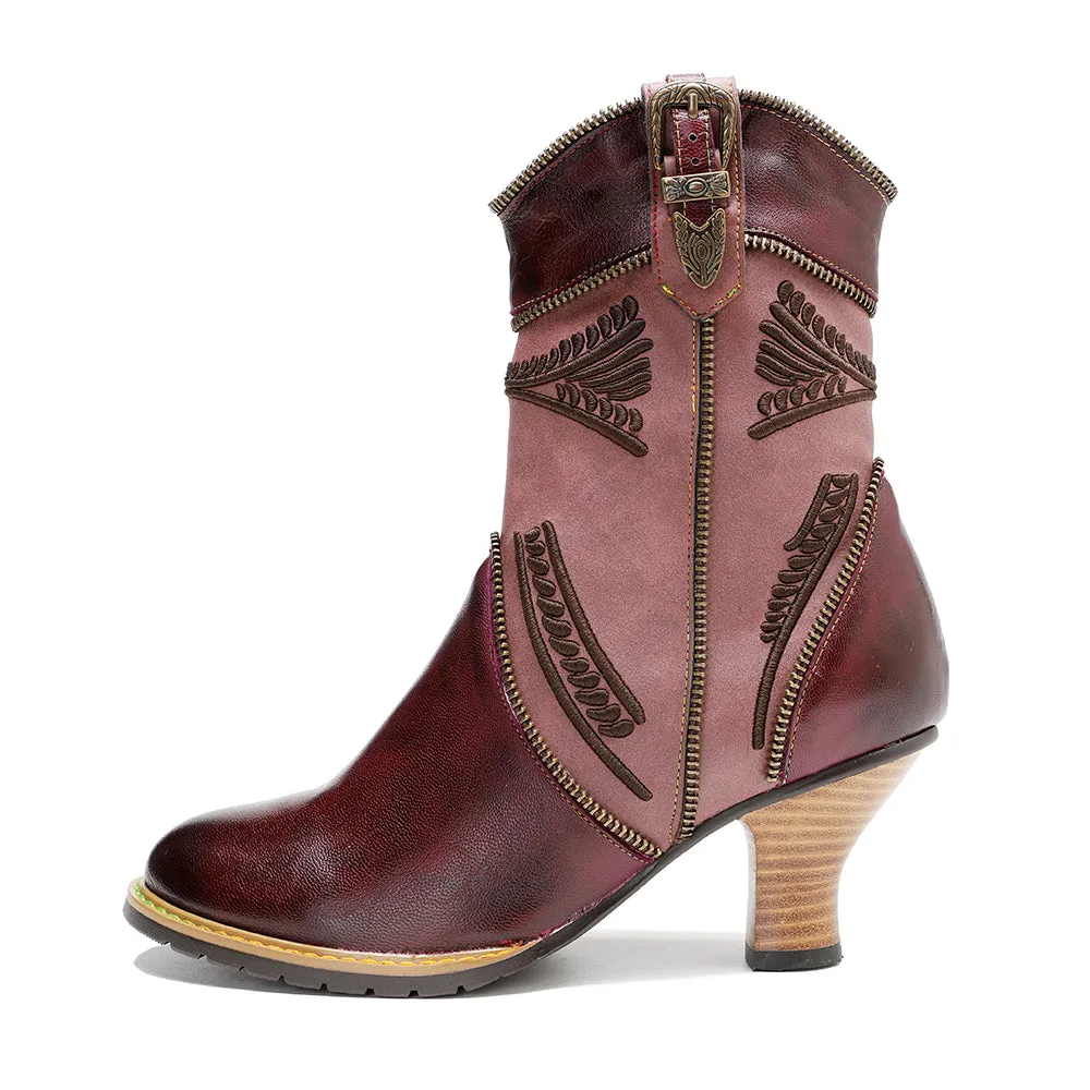 CrazycatZ Womens  Boots Bohemian Block Heel Leather Floral Boots Colorful Leather