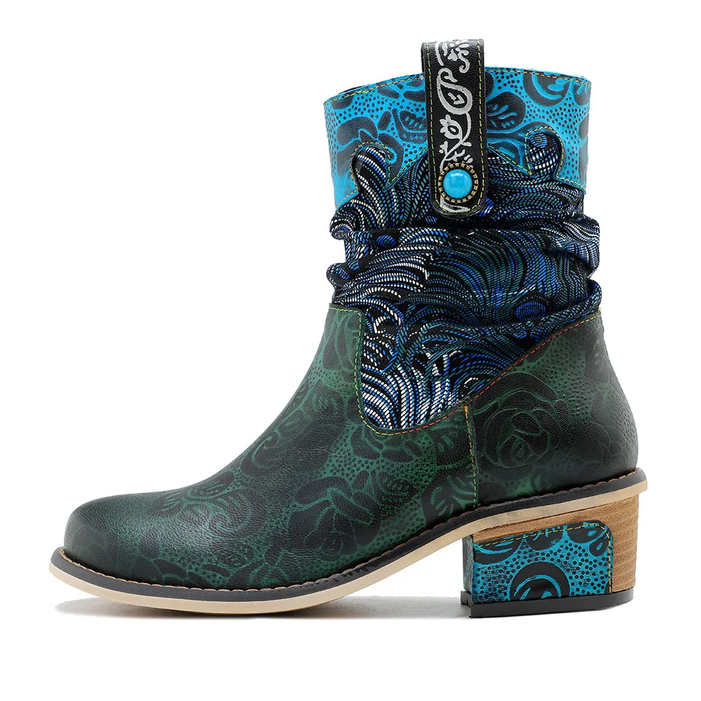 CrazycatZ Womens  Boots Bohemian Block Heels Leather  Colorful Ankle Boots 0610