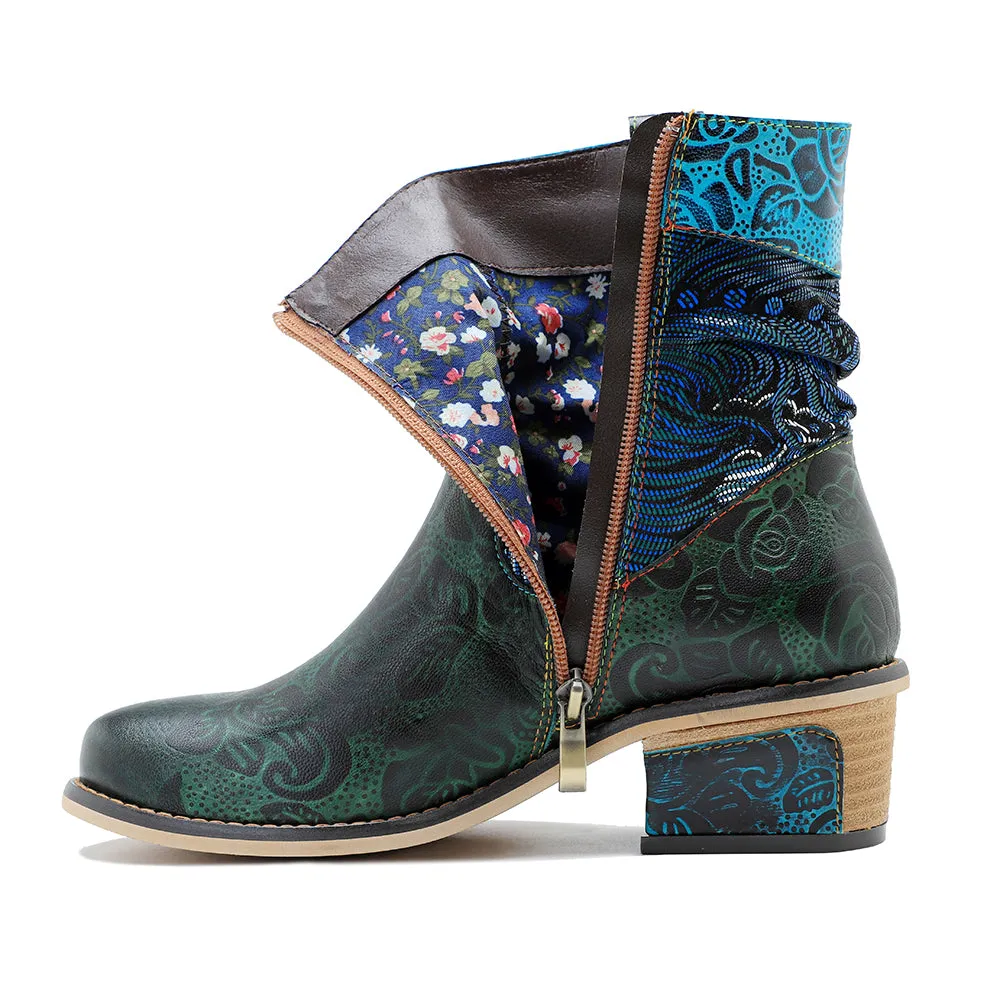CrazycatZ Womens  Boots Bohemian Block Heels Leather  Colorful Ankle Boots 0610