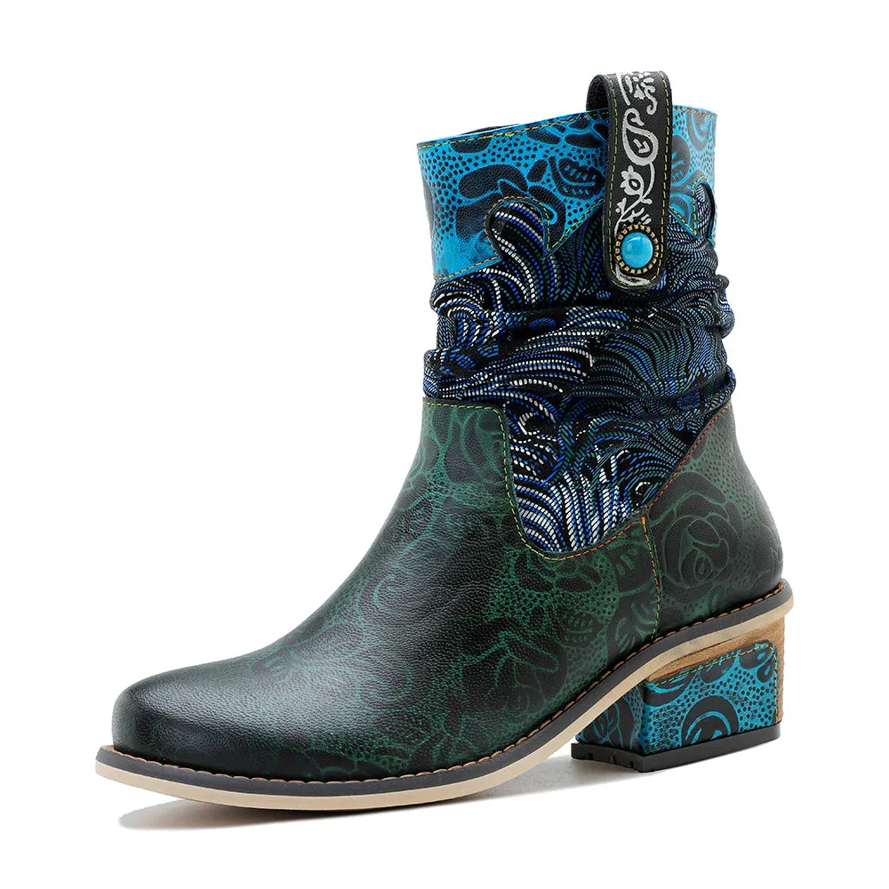 CrazycatZ Womens  Boots Bohemian Block Heels Leather  Colorful Ankle Boots 0610