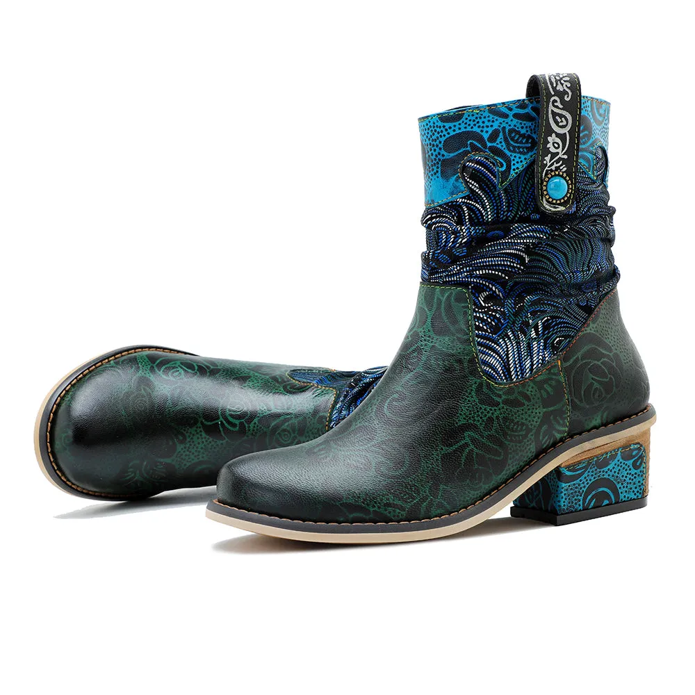CrazycatZ Womens  Boots Bohemian Block Heels Leather  Colorful Ankle Boots 0610