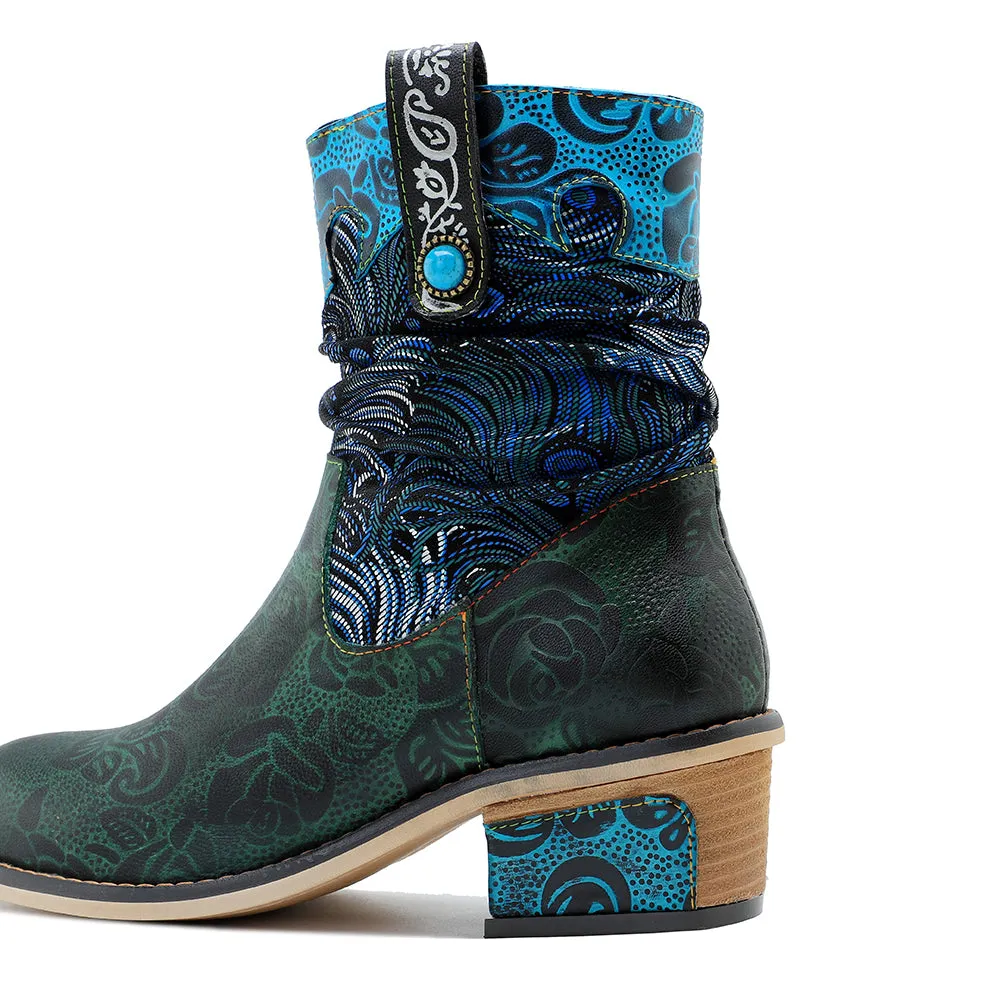 CrazycatZ Womens  Boots Bohemian Block Heels Leather  Colorful Ankle Boots 0610