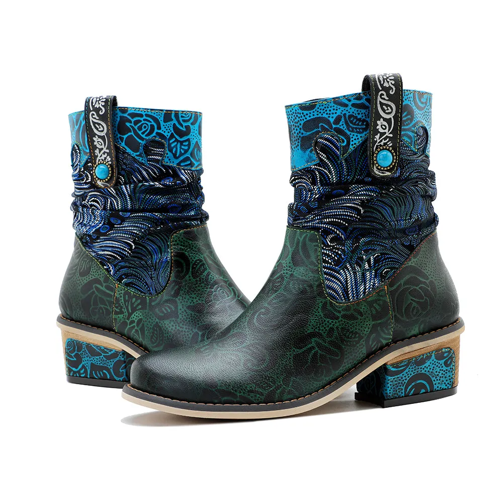 CrazycatZ Womens  Boots Bohemian Block Heels Leather  Colorful Ankle Boots 0610