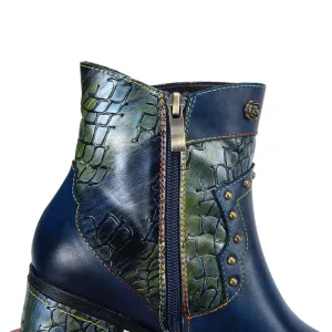 CrazycatZ Womens  Boots Floral Block Heel Leather Boots Colorful Leather Bootie Dark Blue