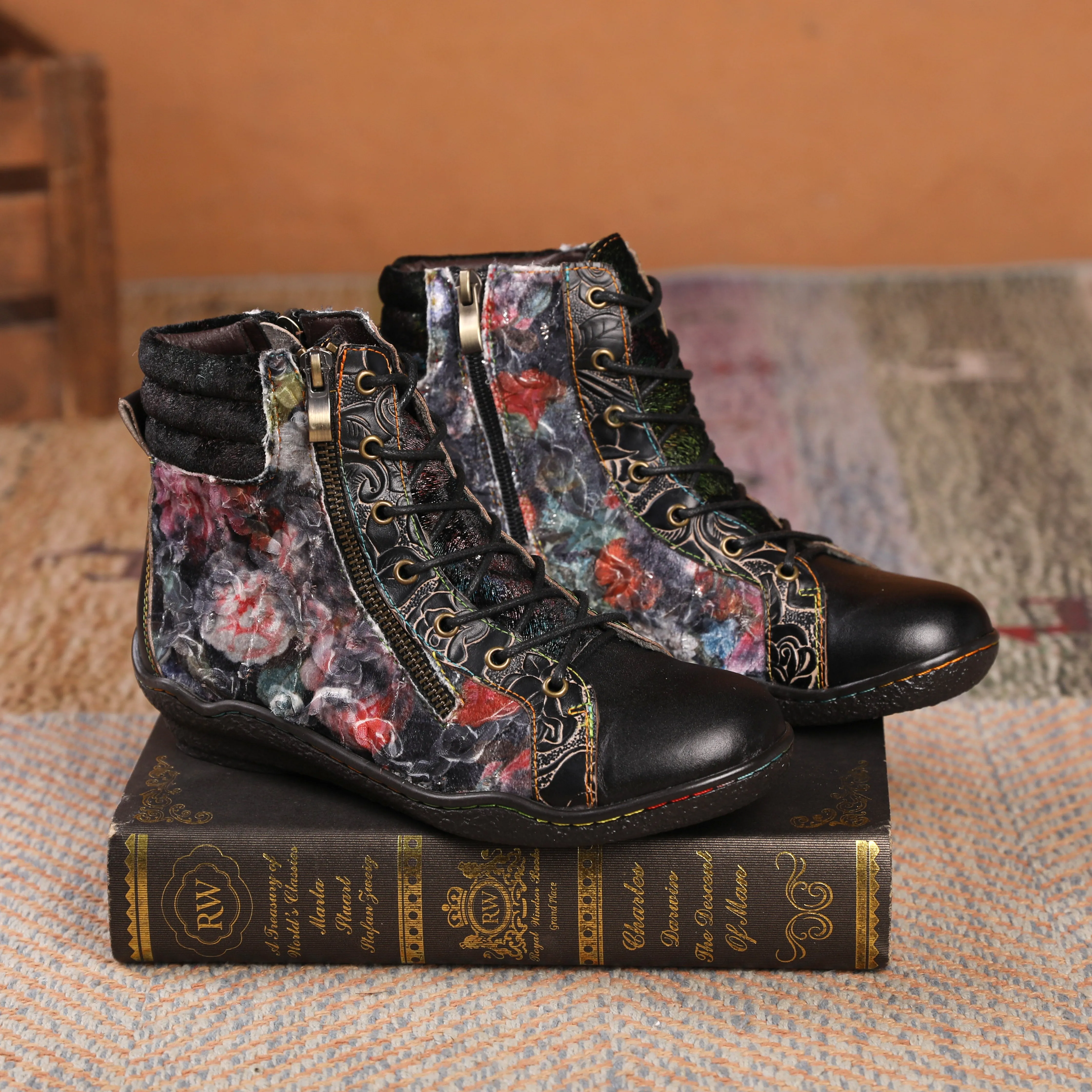 CrazycatZ Womens  Boots Floral Block Heel Leather Western Boots Colorful Leather Boots Black  Floral