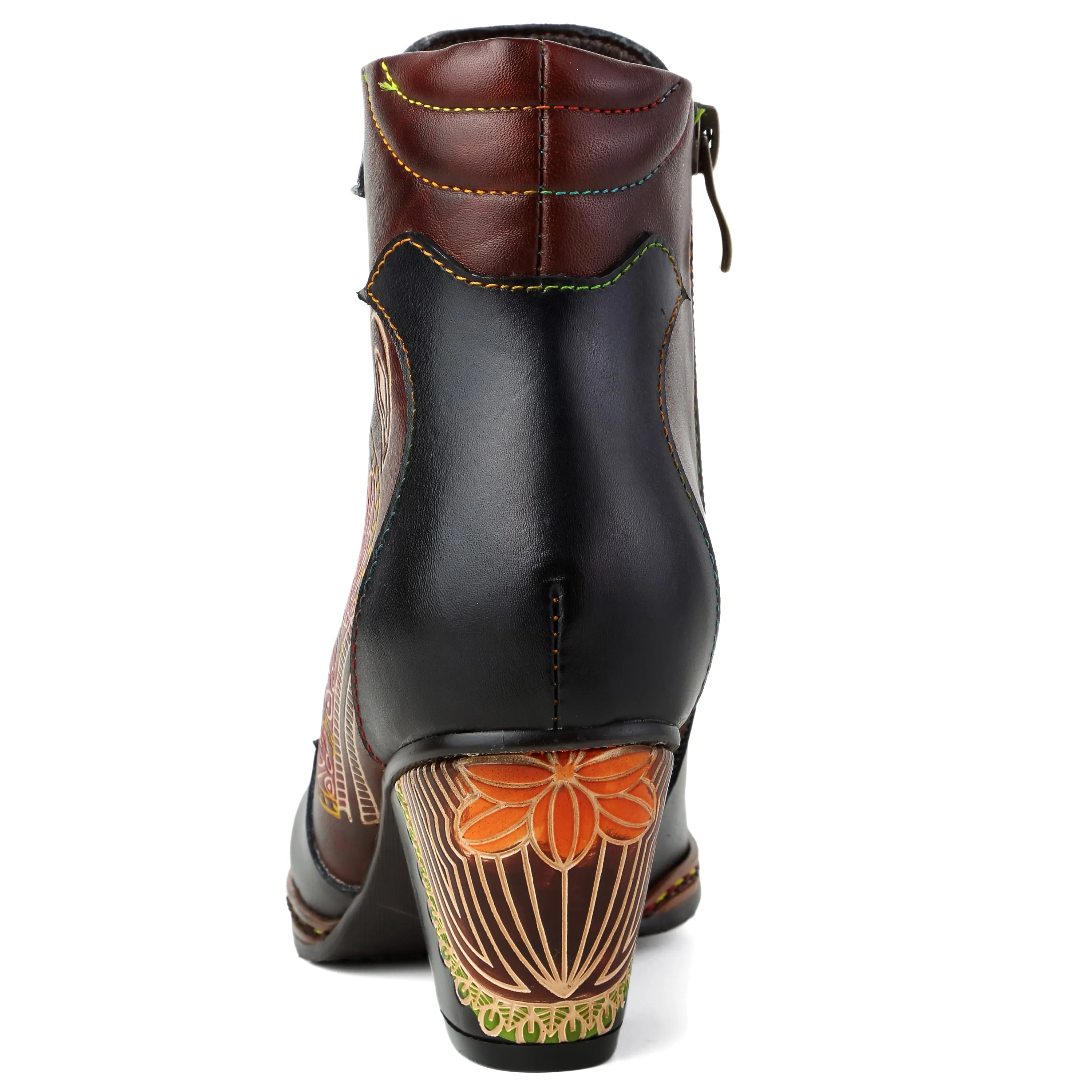 CrazycatZ Womens  Boots Floral Block Heel Leather Western Boots Colorful Leather Boots Black