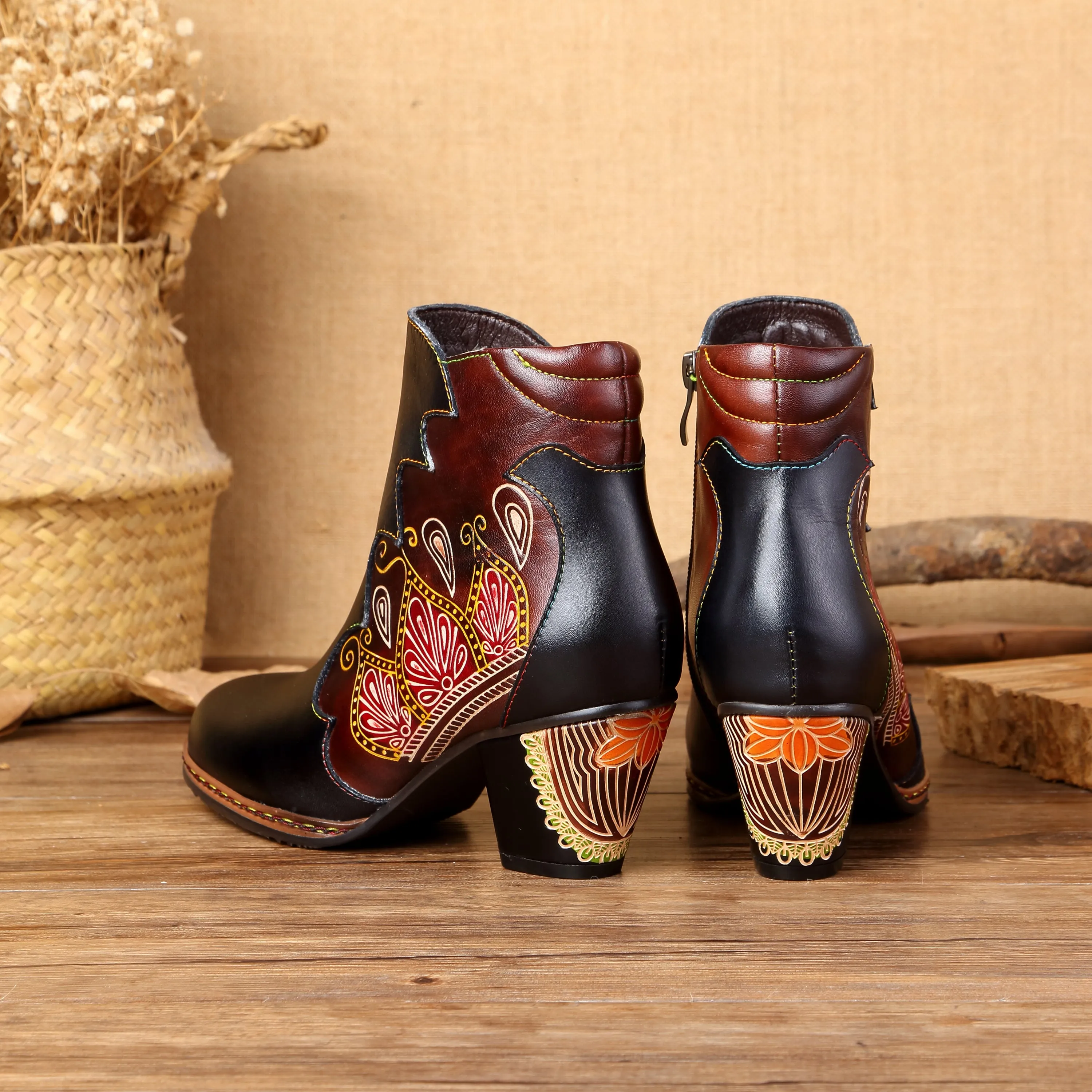 CrazycatZ Womens  Boots Floral Block Heel Leather Western Boots Colorful Leather Boots Black