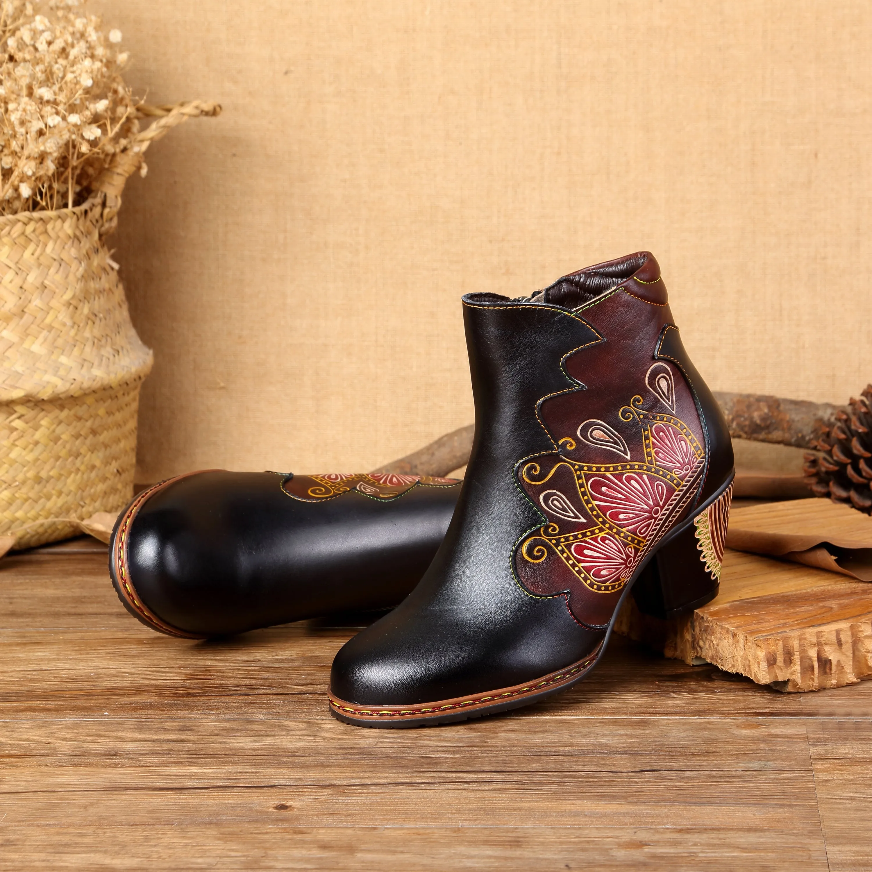 CrazycatZ Womens  Boots Floral Block Heel Leather Western Boots Colorful Leather Boots Black