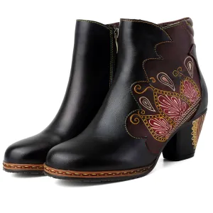 CrazycatZ Womens  Boots Floral Block Heel Leather Western Boots Colorful Leather Boots Black