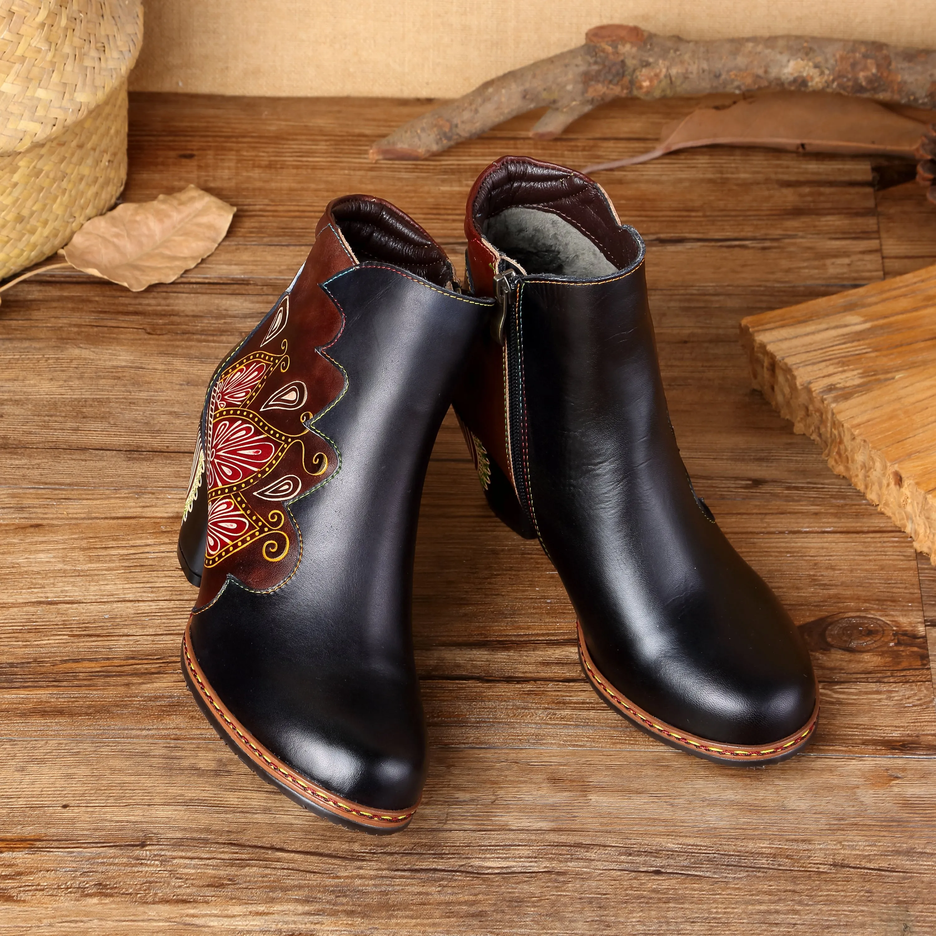 CrazycatZ Womens  Boots Floral Block Heel Leather Western Boots Colorful Leather Boots Black