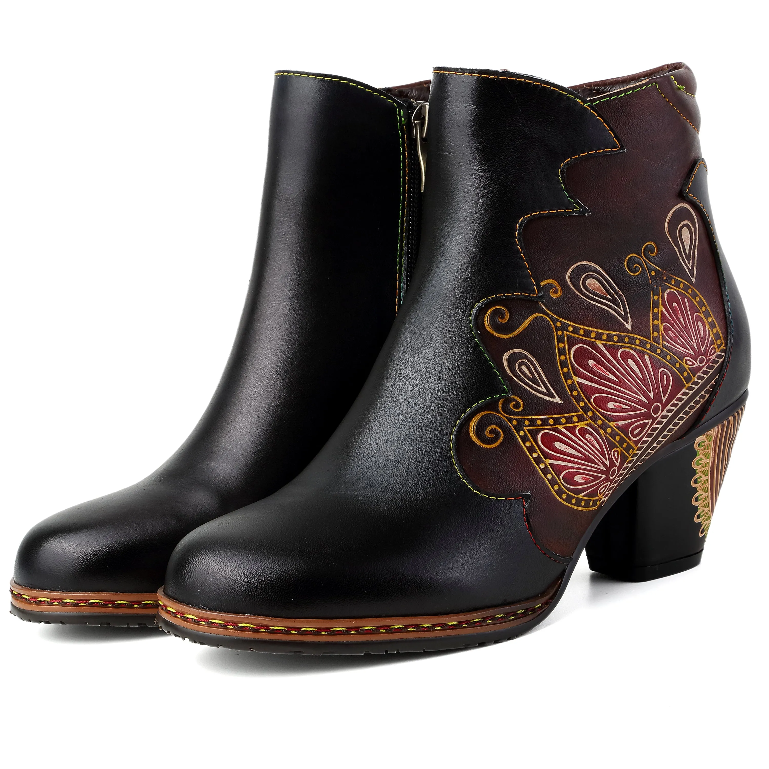 CrazycatZ Womens  Boots Floral Block Heel Leather Western Boots Colorful Leather Boots Black
