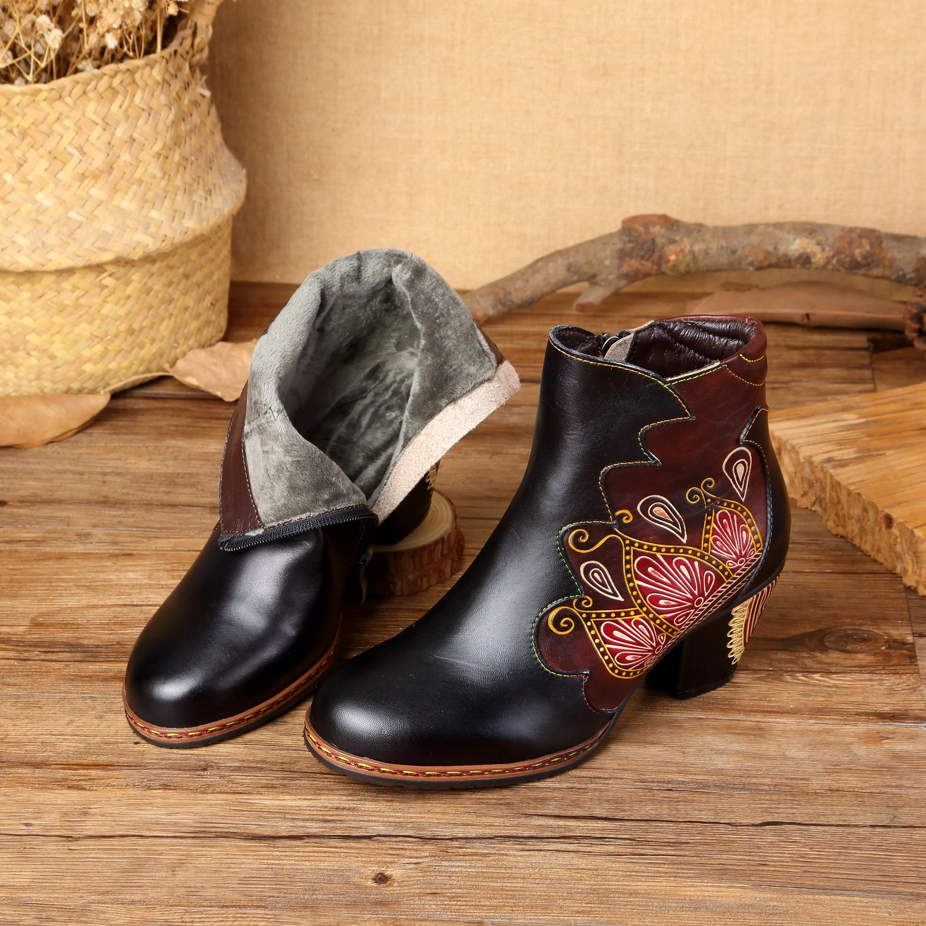 CrazycatZ Womens  Boots Floral Block Heel Leather Western Boots Colorful Leather Boots Black