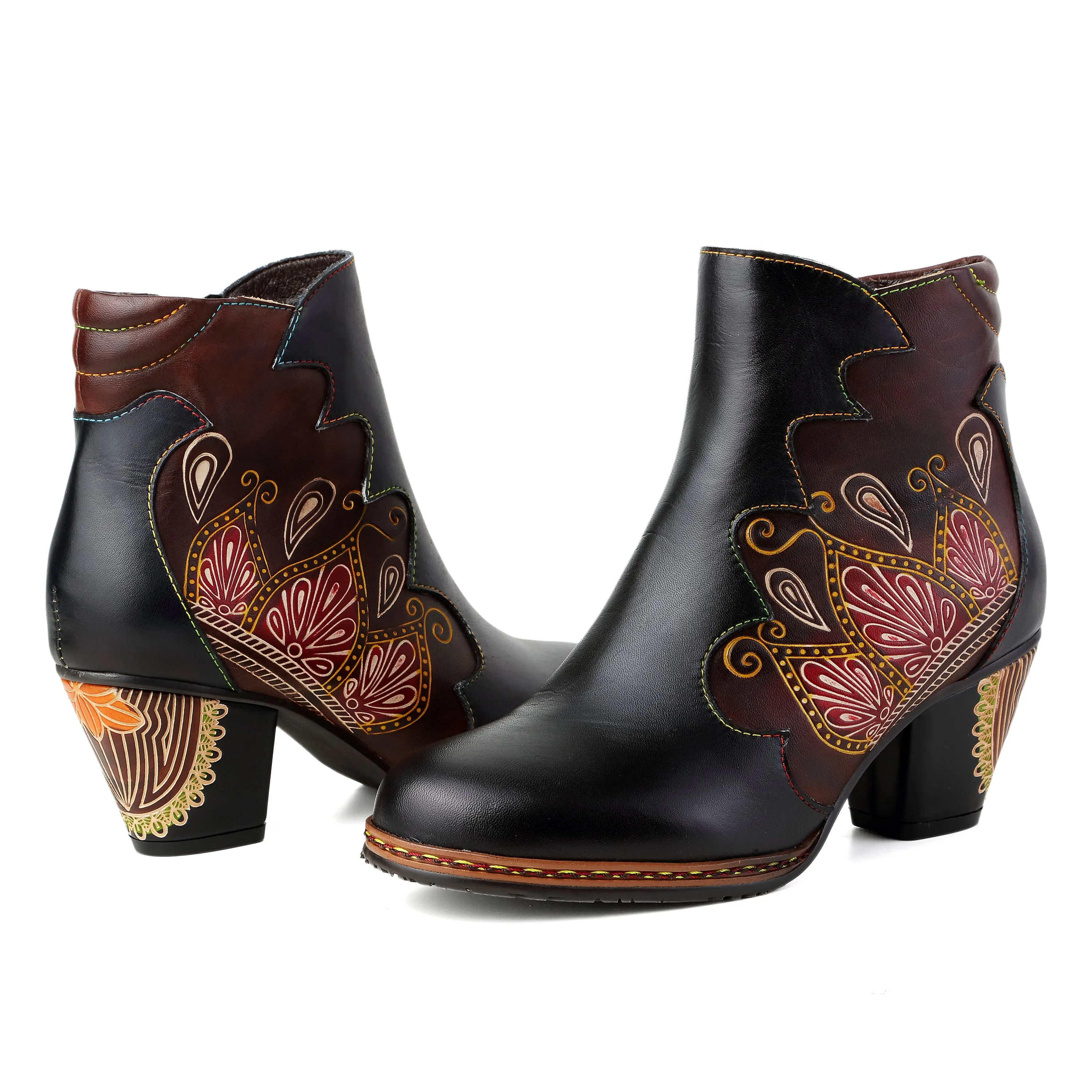 CrazycatZ Womens  Boots Floral Block Heel Leather Western Boots Colorful Leather Boots Black