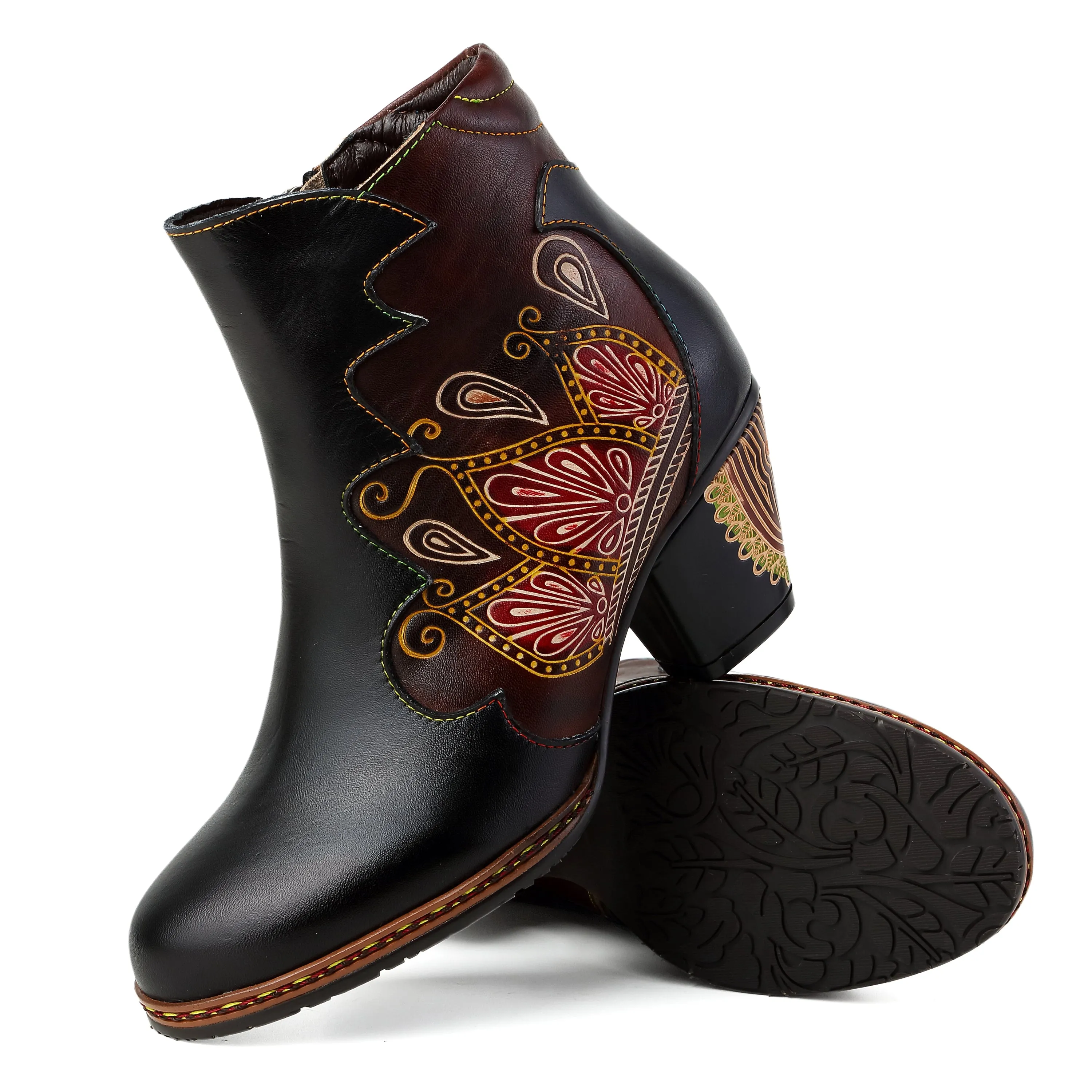 CrazycatZ Womens  Boots Floral Block Heel Leather Western Boots Colorful Leather Boots Black