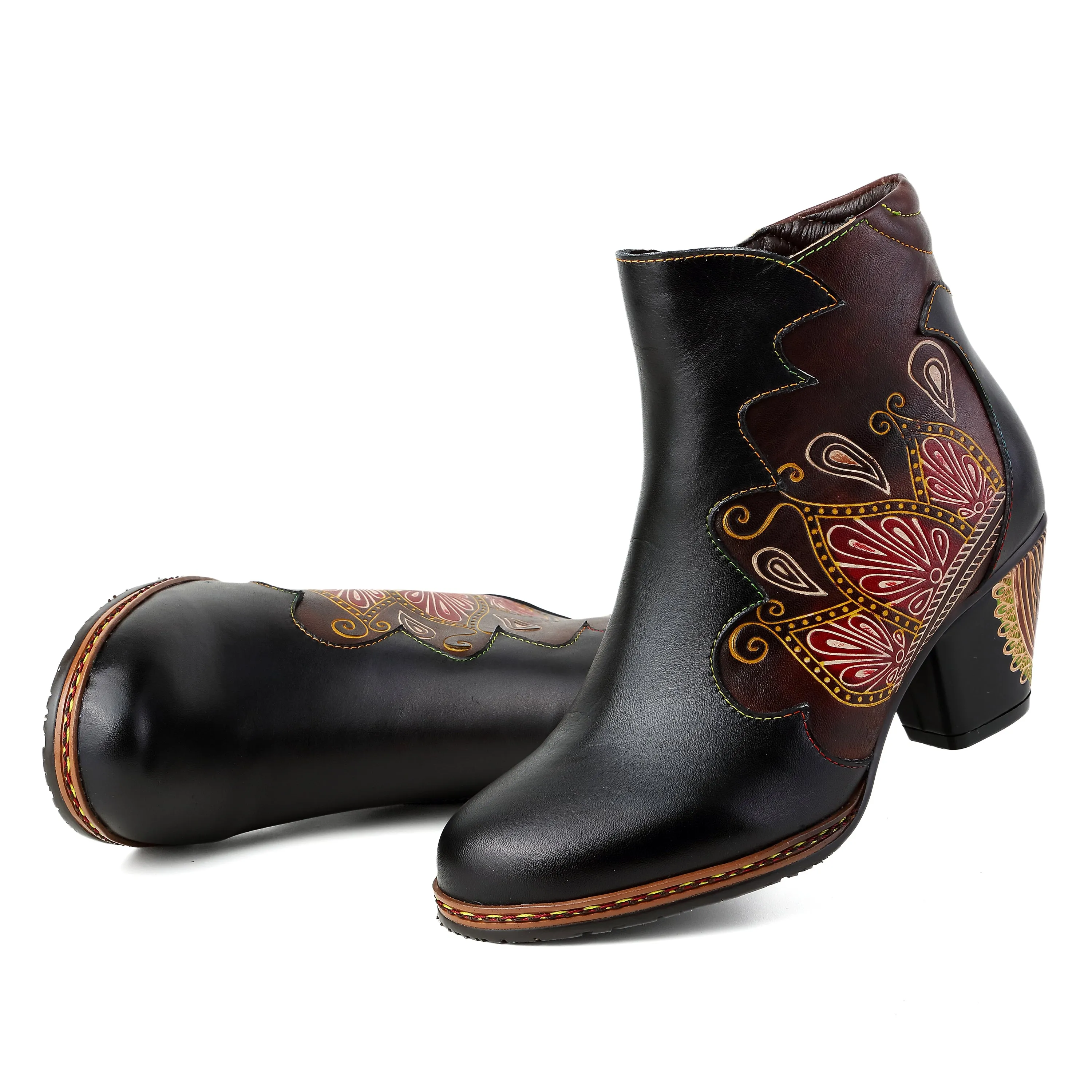 CrazycatZ Womens  Boots Floral Block Heel Leather Western Boots Colorful Leather Boots Black