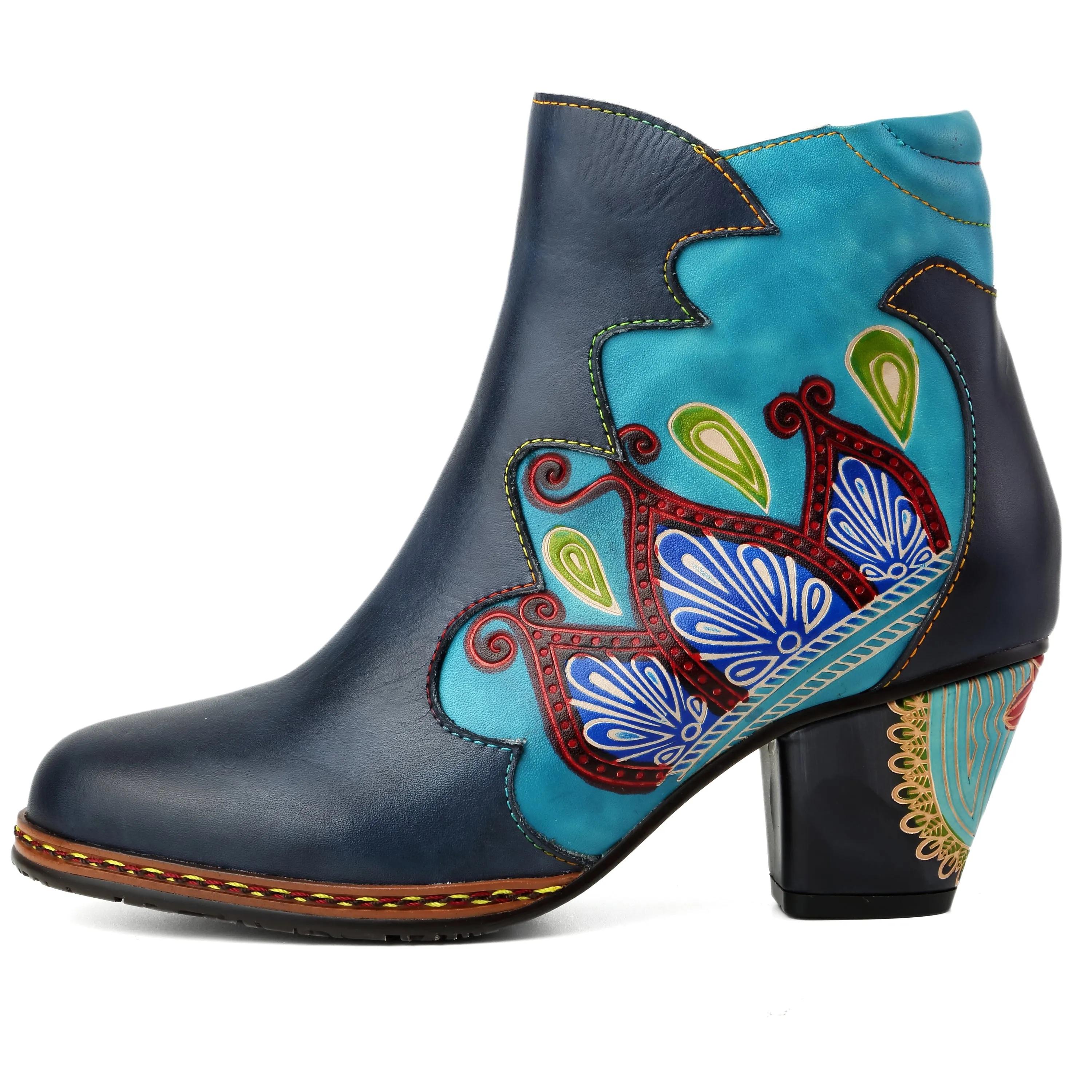 CrazycatZ Womens  Boots Floral Block Heel Leather Western Boots Colorful Leather Boots Navy