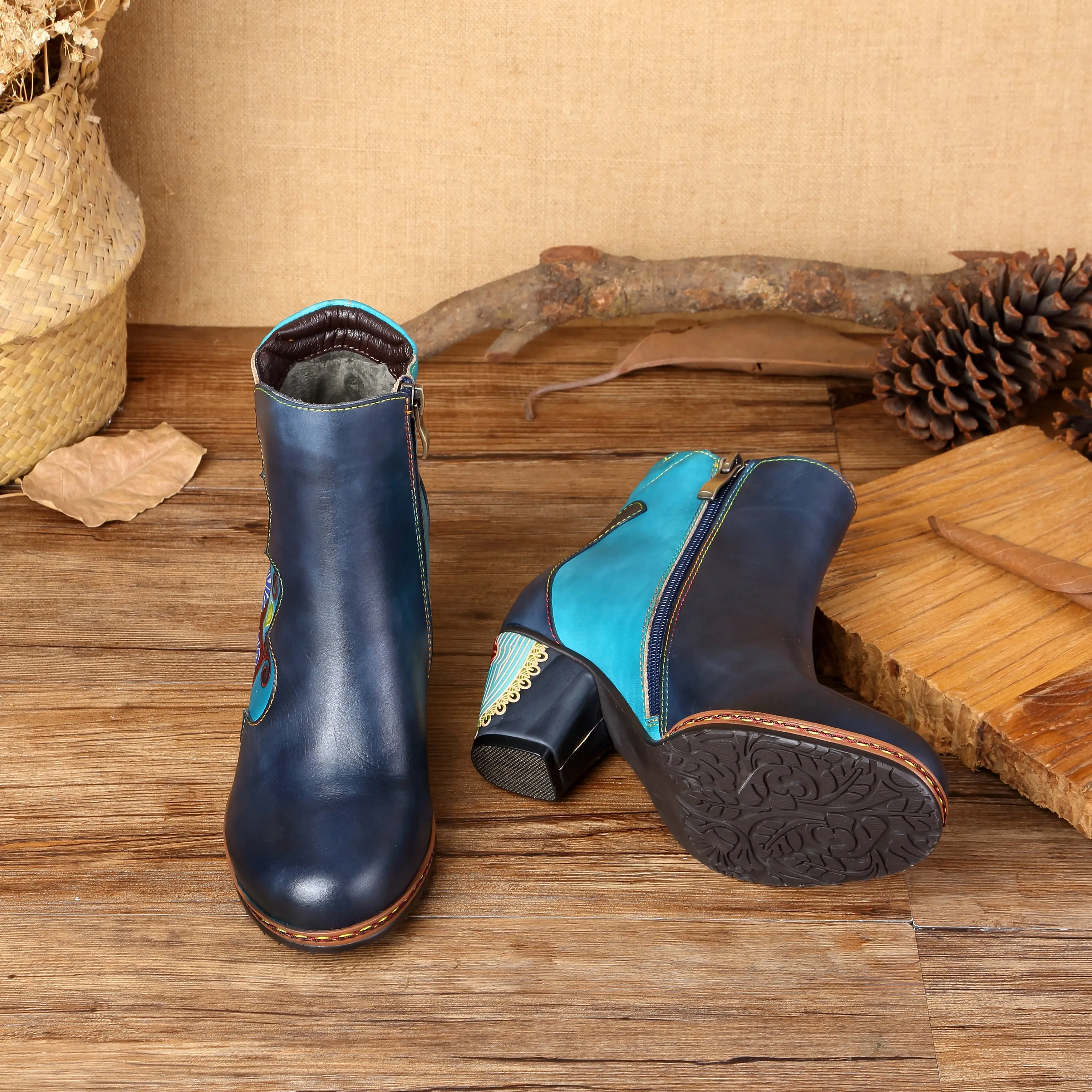 CrazycatZ Womens  Boots Floral Block Heel Leather Western Boots Colorful Leather Boots Navy