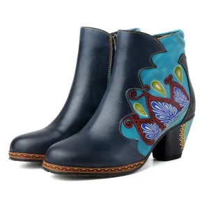 CrazycatZ Womens  Boots Floral Block Heel Leather Western Boots Colorful Leather Boots Navy