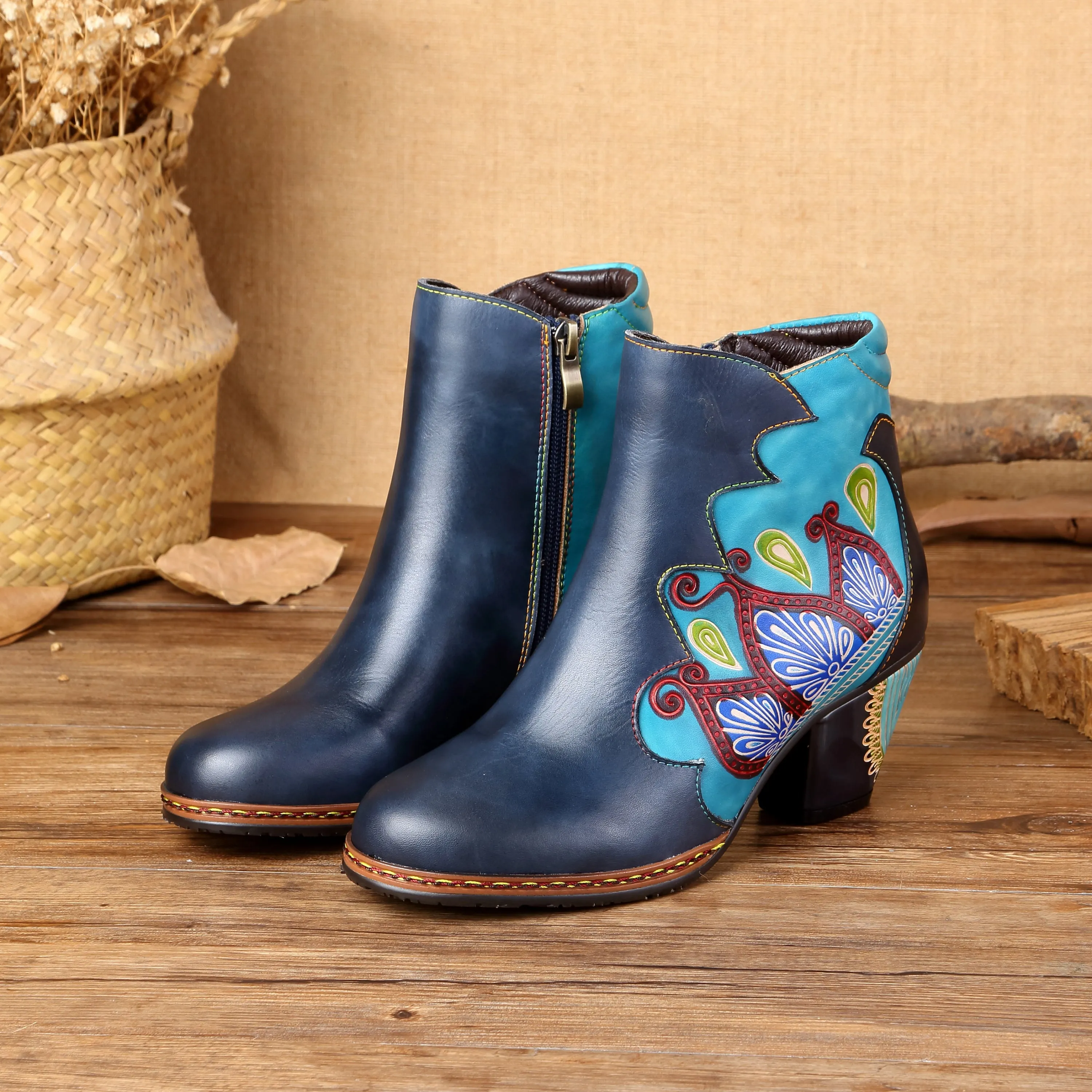 CrazycatZ Womens  Boots Floral Block Heel Leather Western Boots Colorful Leather Boots Navy