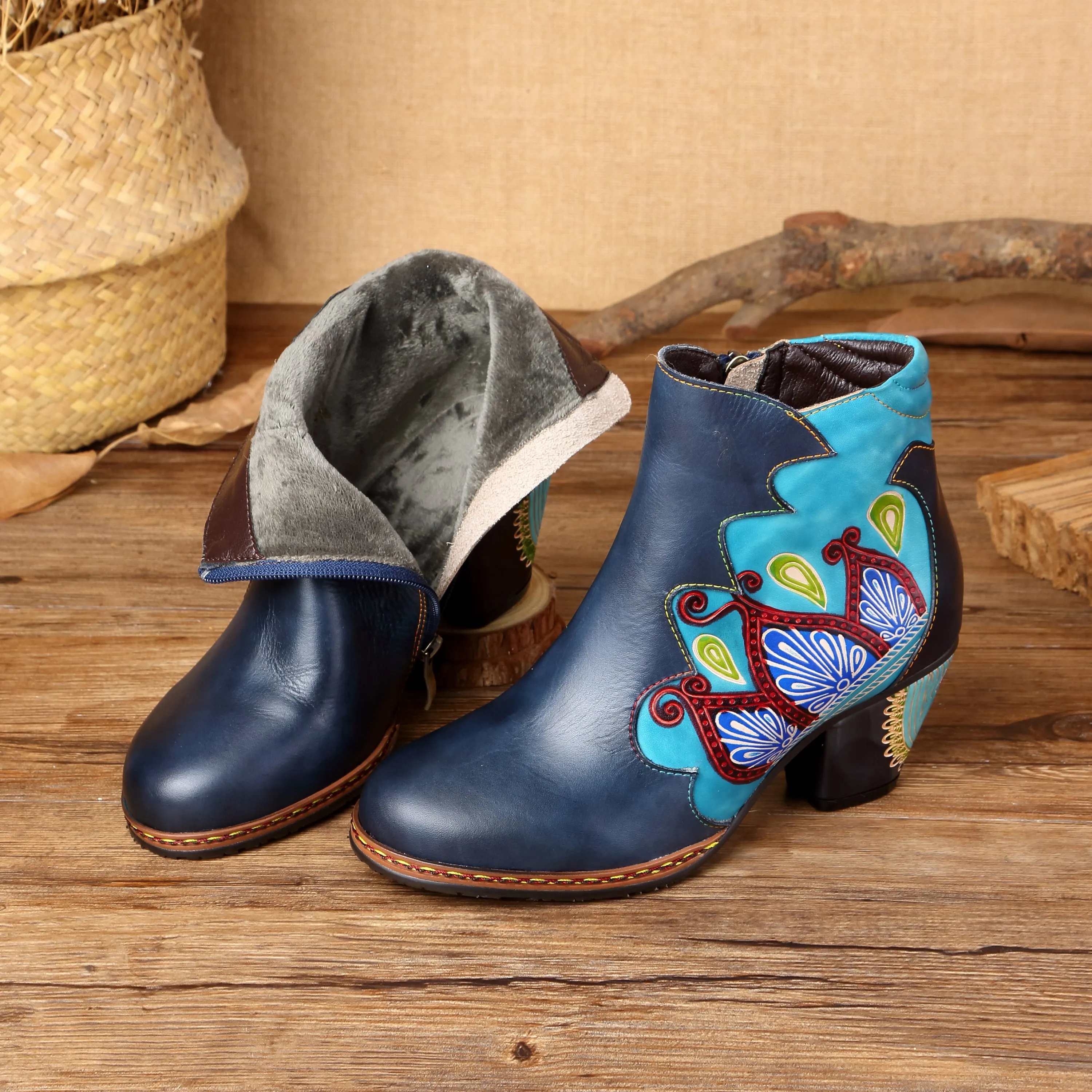 CrazycatZ Womens  Boots Floral Block Heel Leather Western Boots Colorful Leather Boots Navy