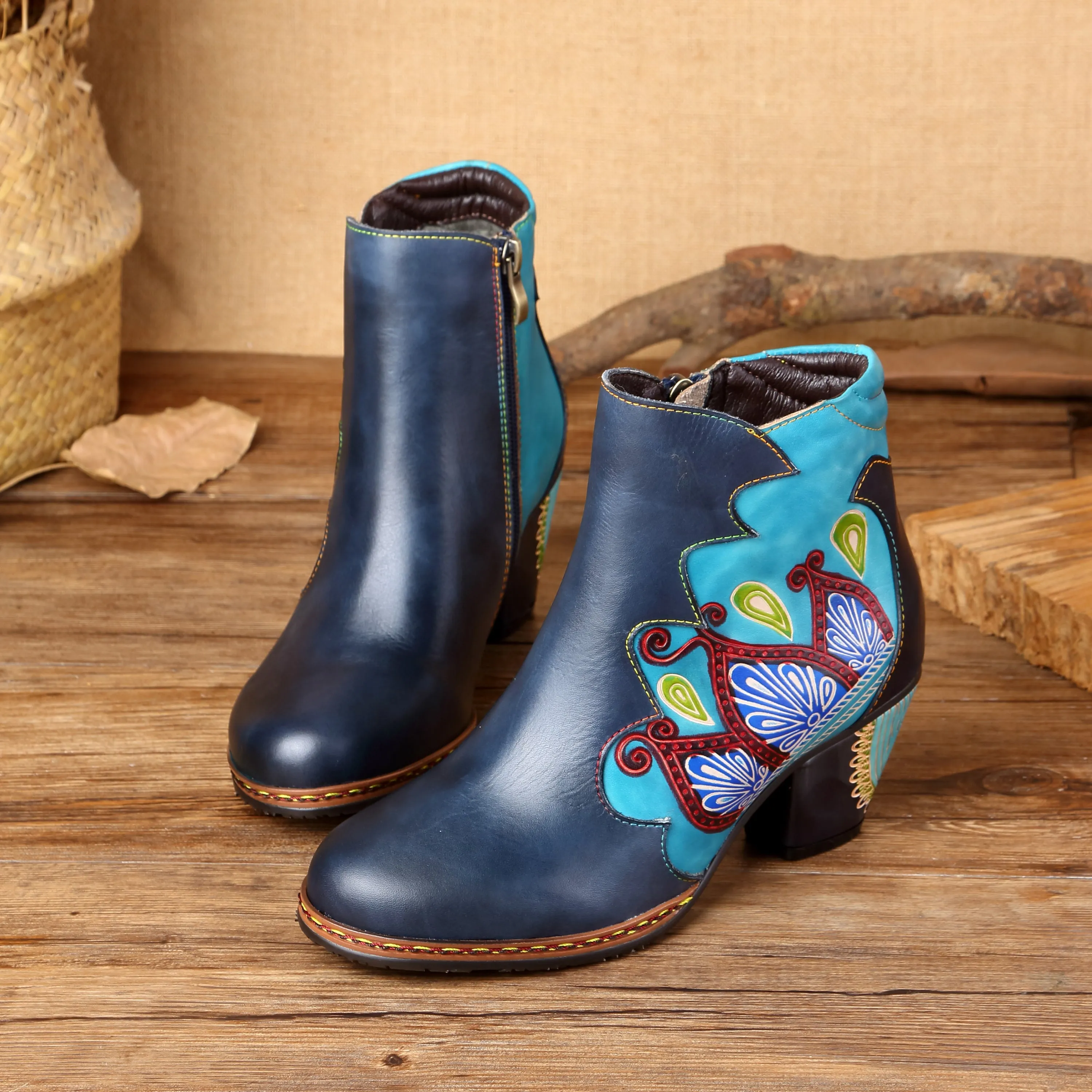 CrazycatZ Womens  Boots Floral Block Heel Leather Western Boots Colorful Leather Boots Navy