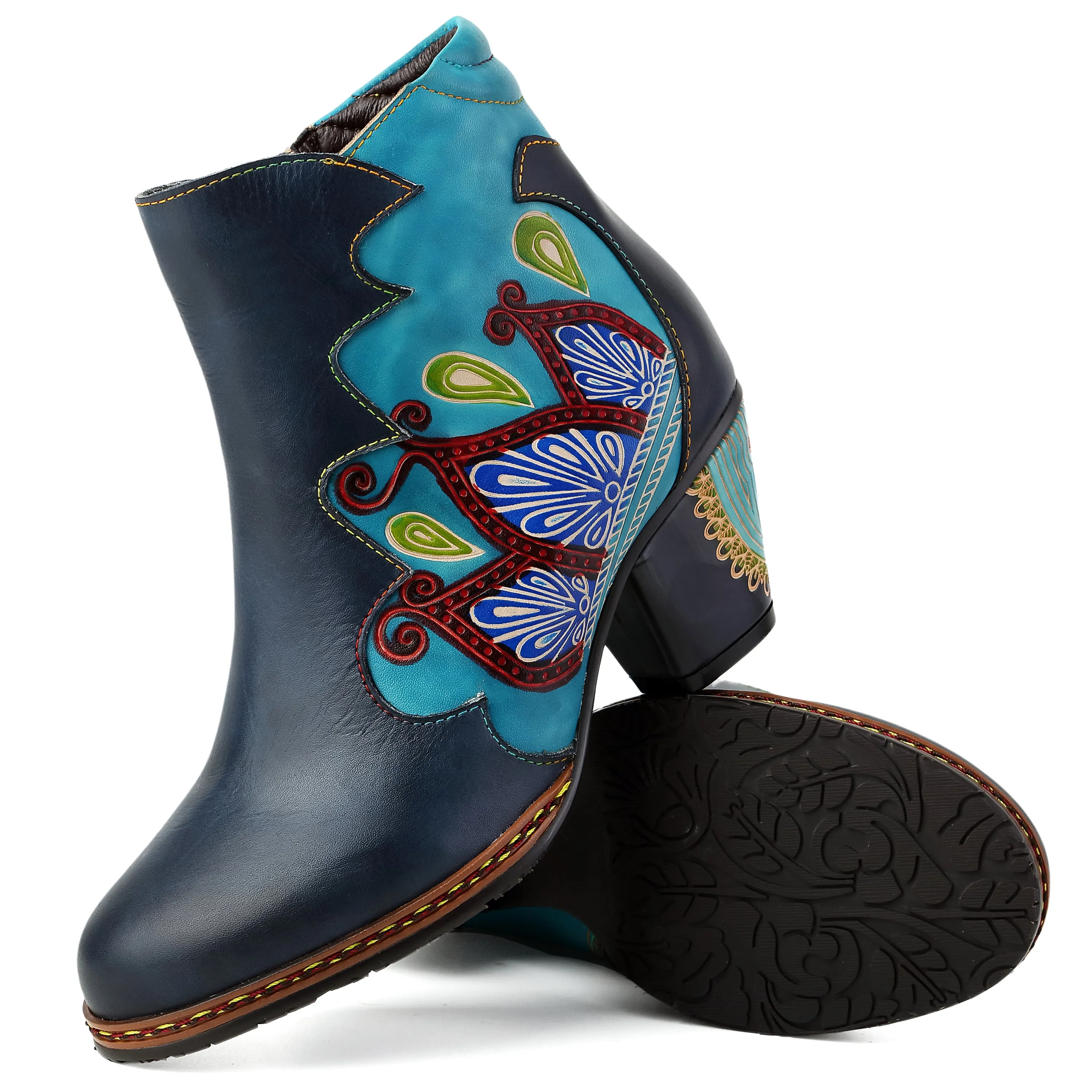 CrazycatZ Womens  Boots Floral Block Heel Leather Western Boots Colorful Leather Boots Navy
