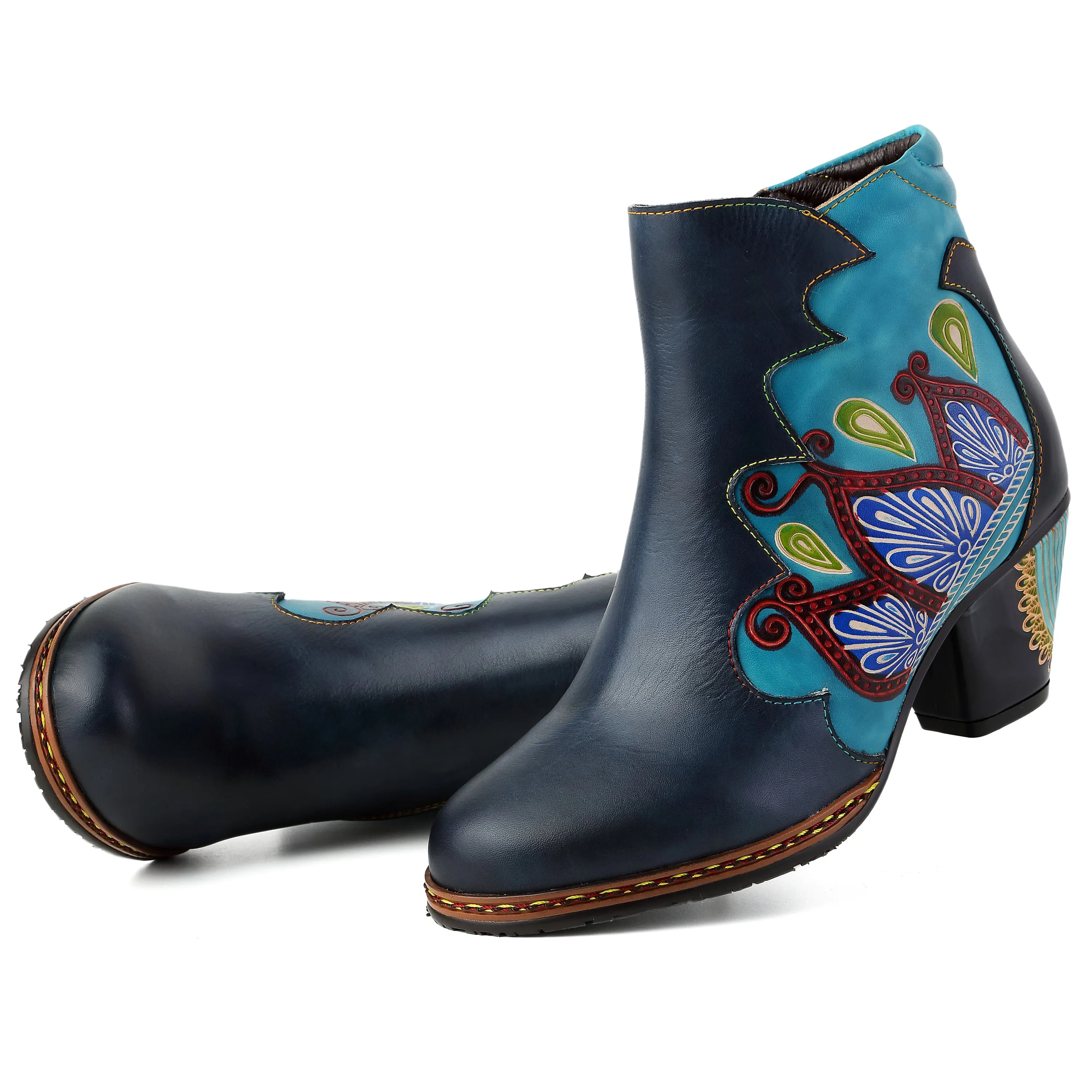 CrazycatZ Womens  Boots Floral Block Heel Leather Western Boots Colorful Leather Boots Navy