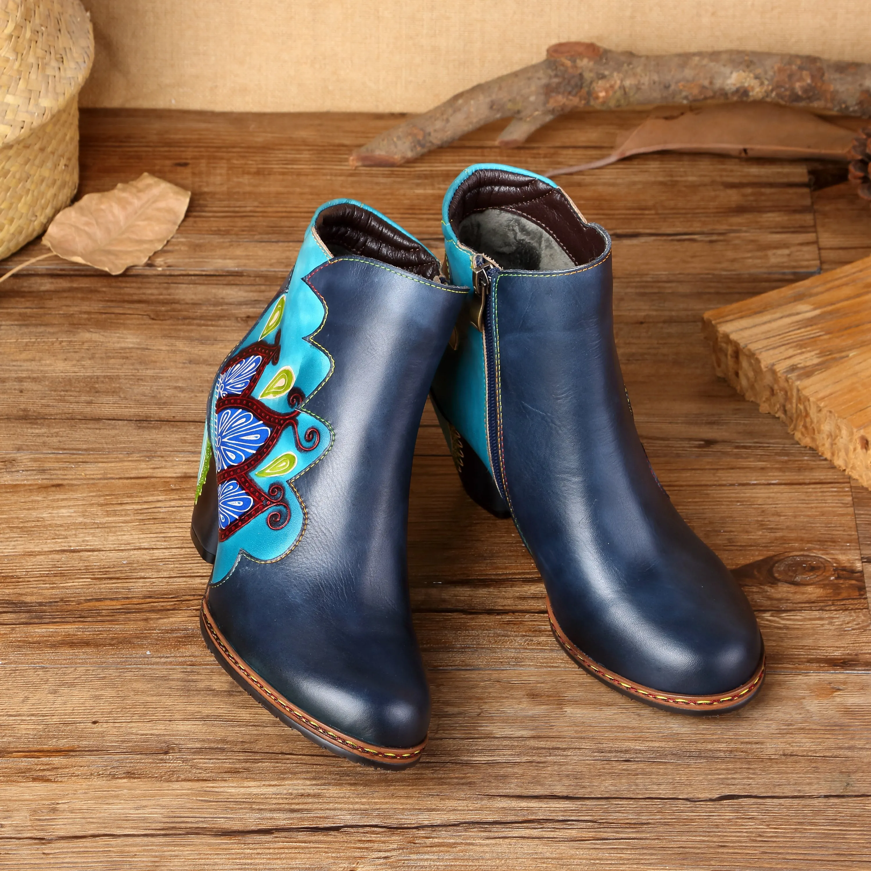 CrazycatZ Womens  Boots Floral Block Heel Leather Western Boots Colorful Leather Boots Navy