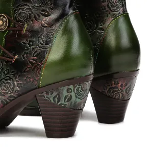 CrazycatZ Womens Leather Ankle  Boots Colorful Leather Buttoned Vintage Boots Block Heels Green