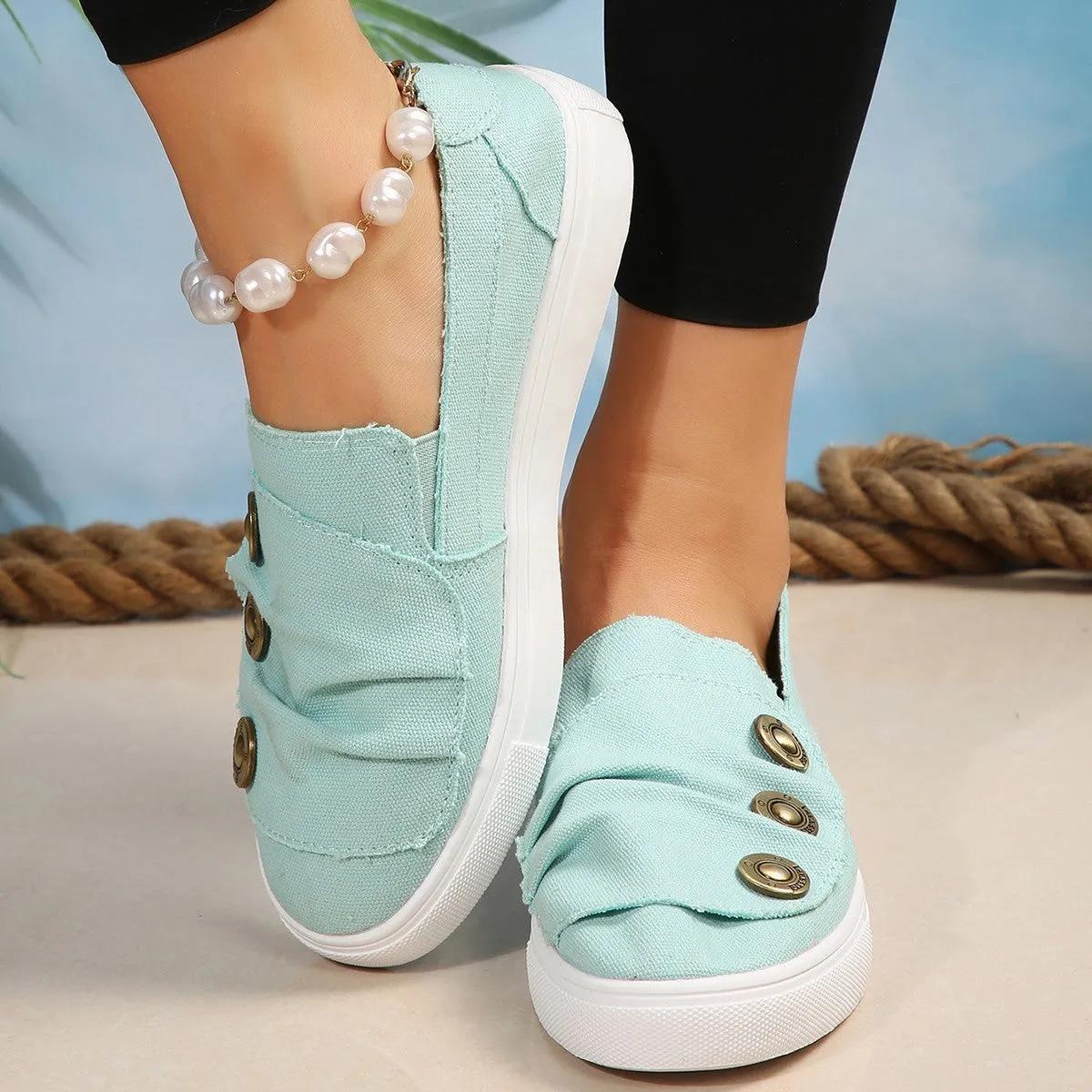 Creamtopmall Buttons canvas flat loafers
