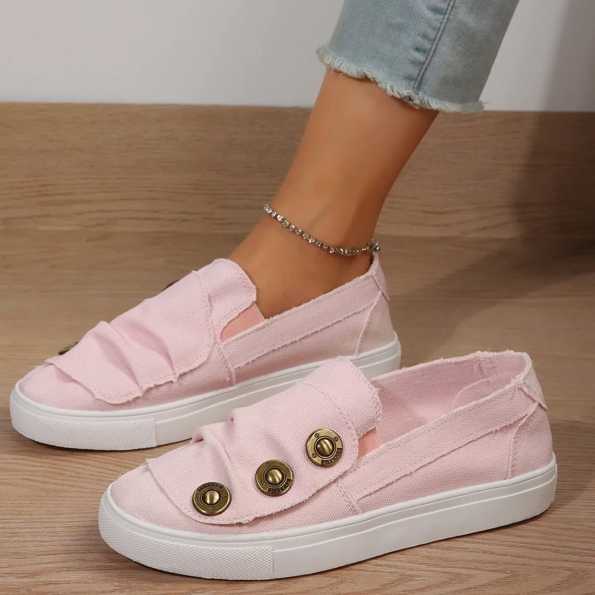 Creamtopmall Buttons canvas flat loafers