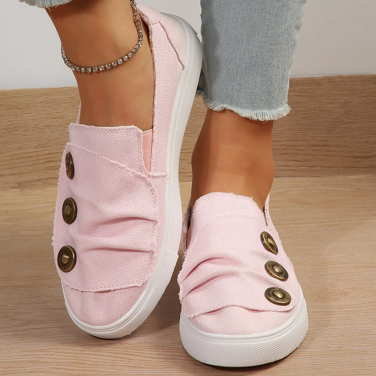 Creamtopmall Buttons canvas flat loafers