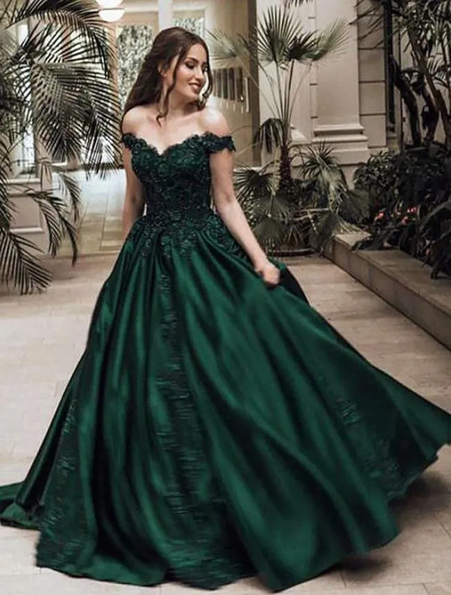 Dark Green Off The Shoulder Satin Prom Dresses Ball Gown Lace Appliques Evening Dress